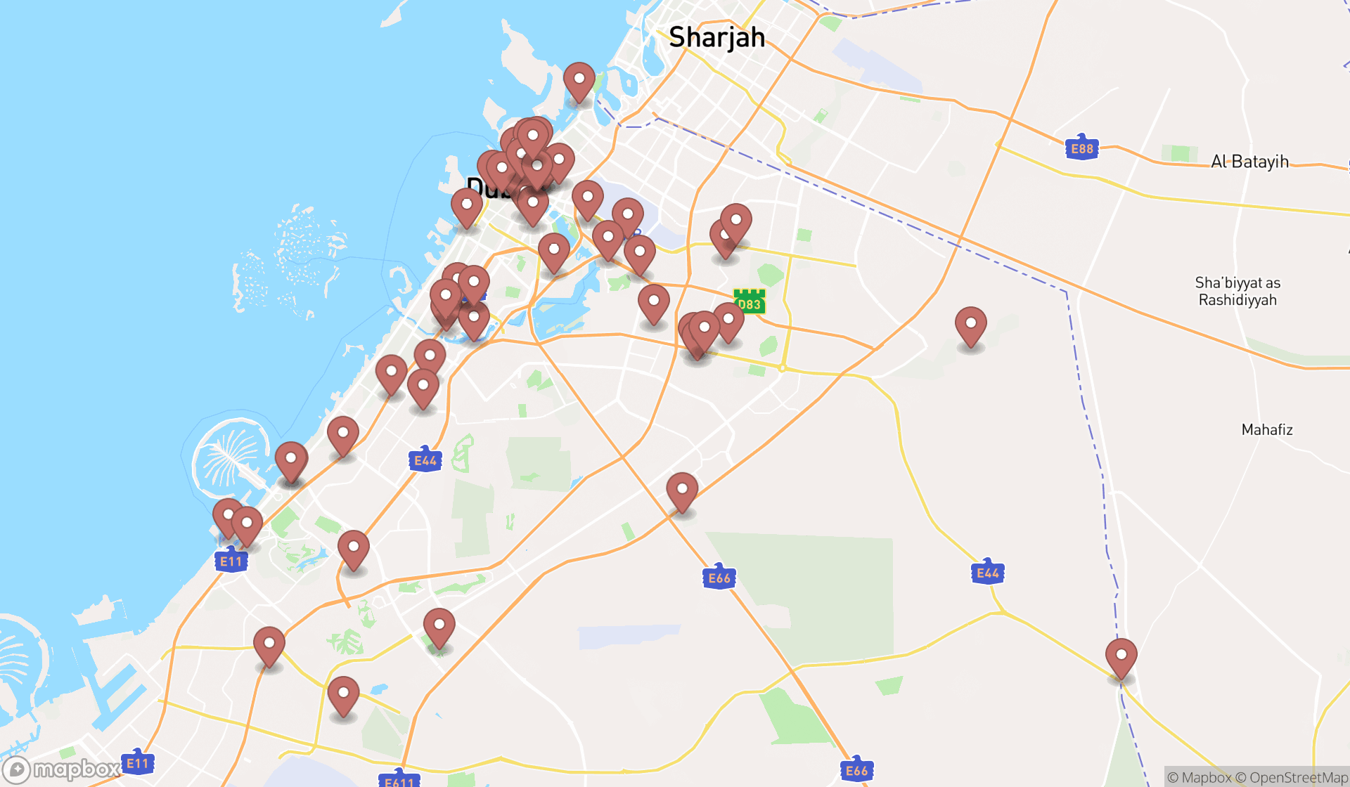 Map showing the search results in Dubai