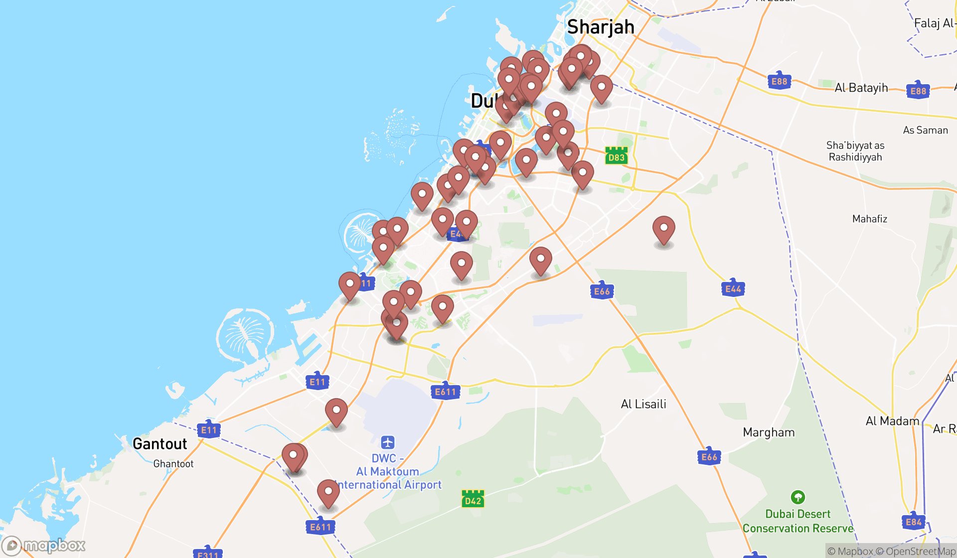 Map showing the search results in Dubai
