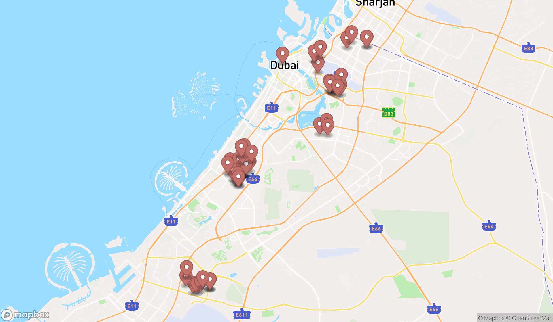 Map showing the search results in Dubai
