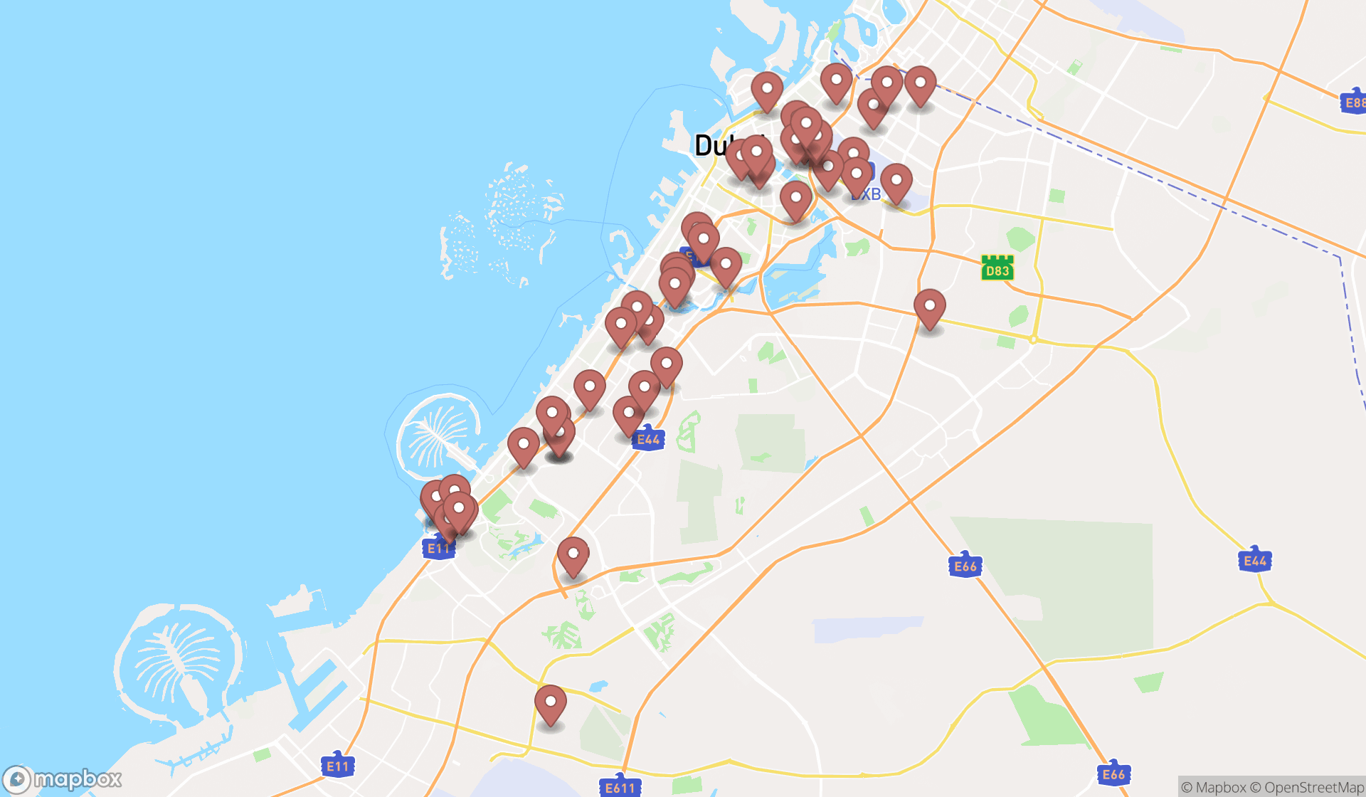 Map showing the search results in Dubai