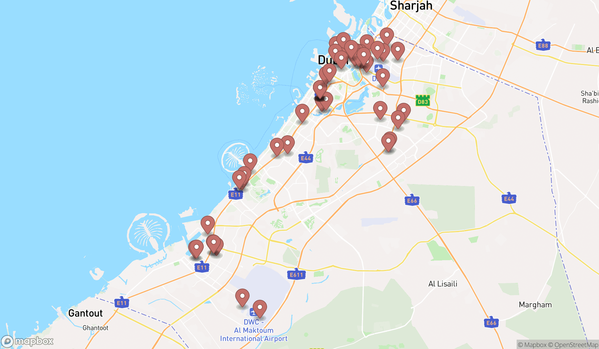 Map showing the search results in Dubai
