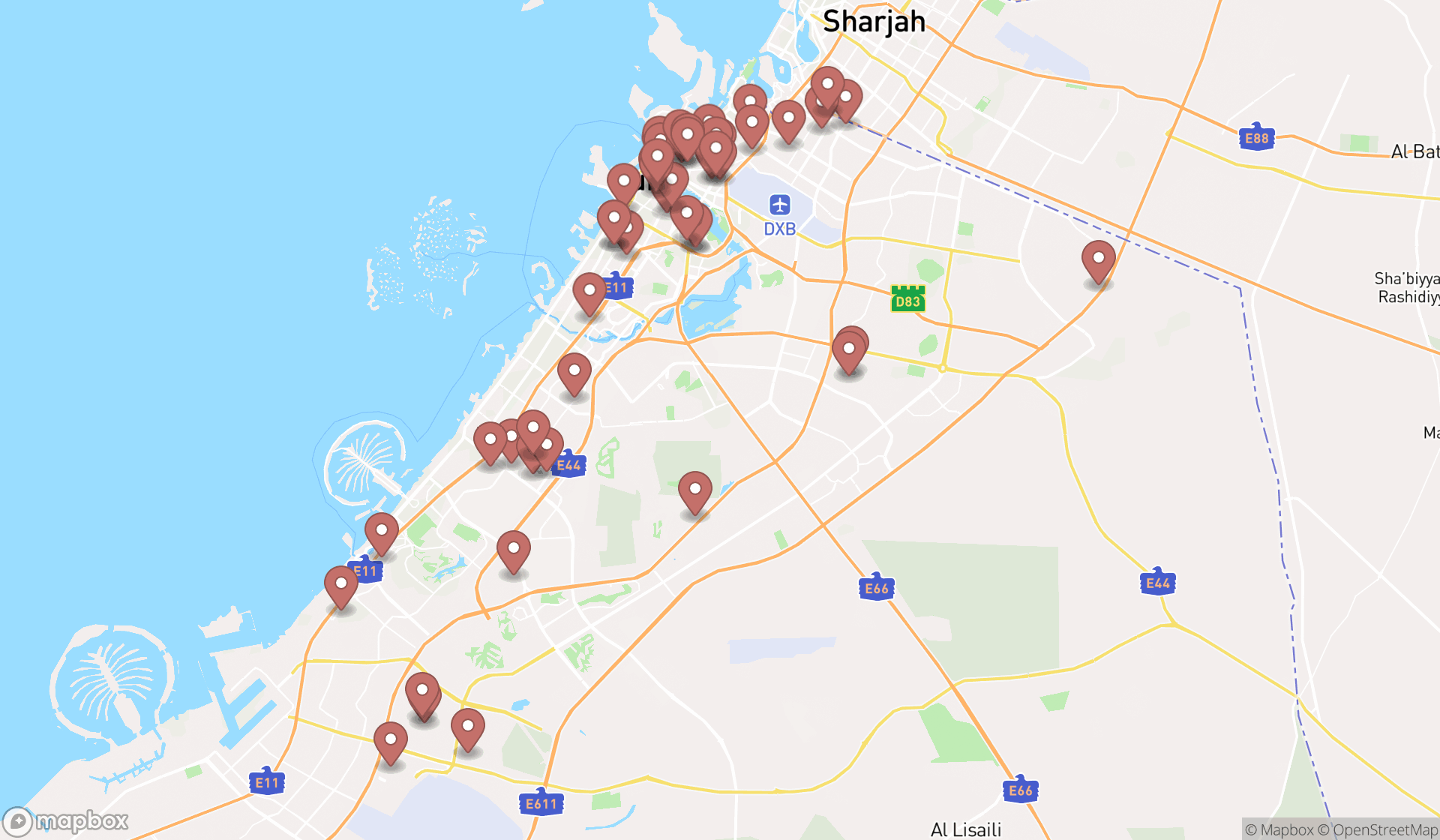 Map showing the search results in Dubai