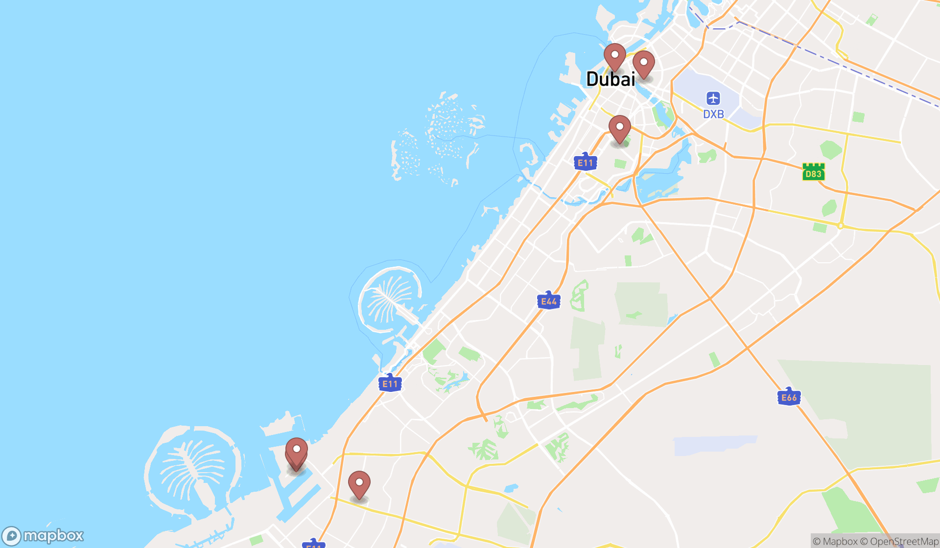 Map showing the search results in Dubai