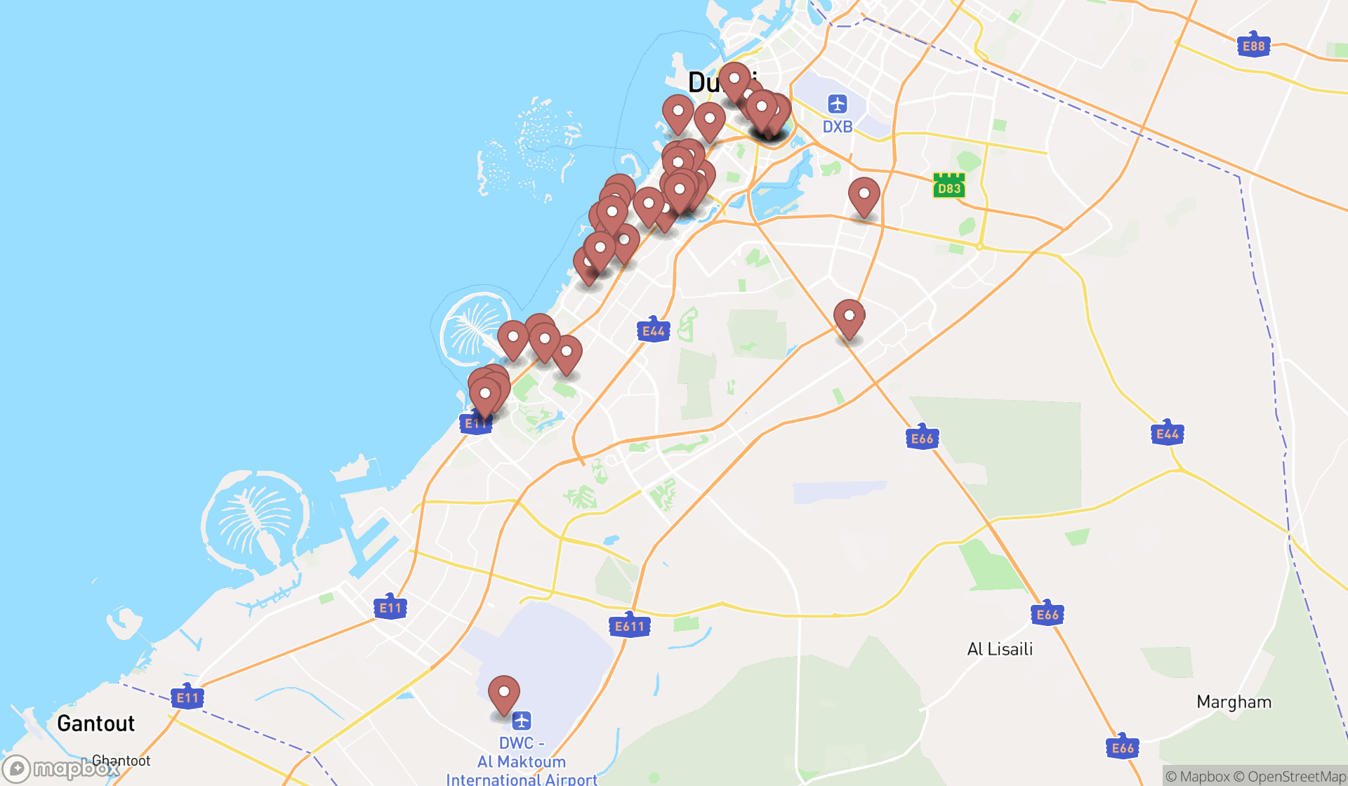 Map showing the search results in Dubai