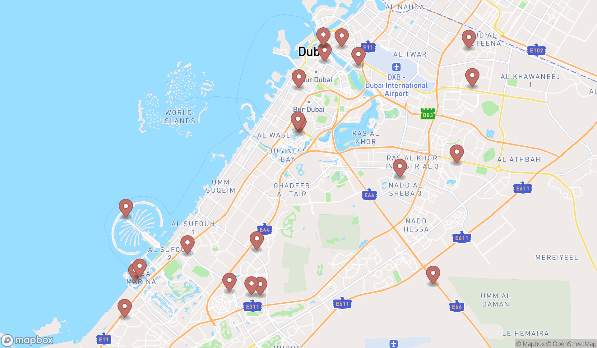Map showing the search results in Dubai