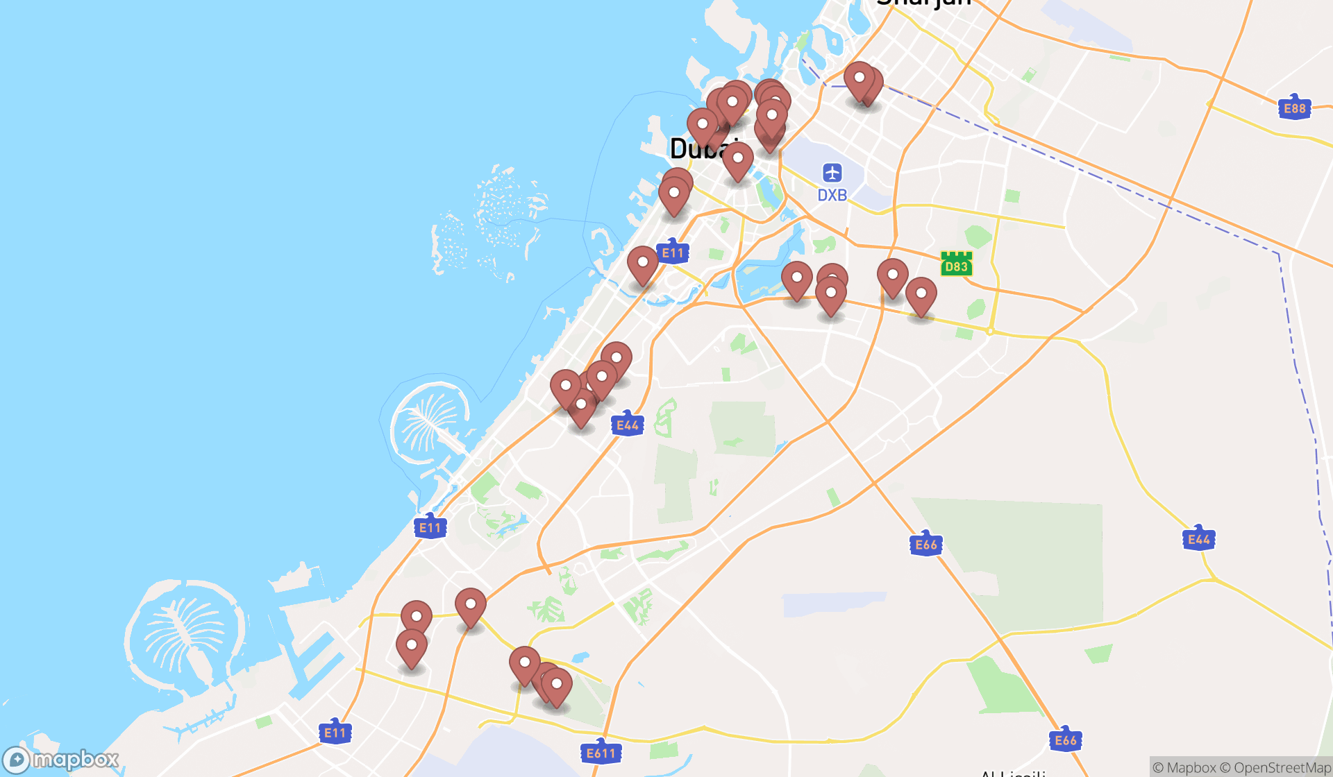 Map showing the search results in Dubai