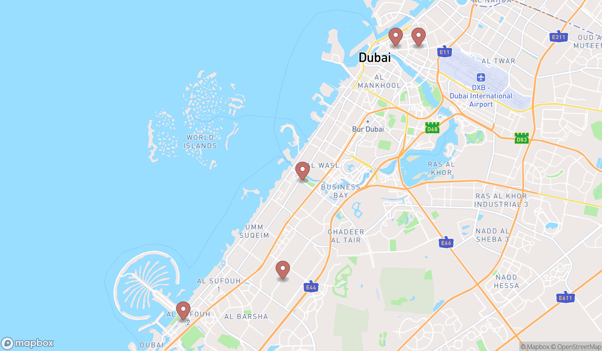 Map showing the search results in Dubai
