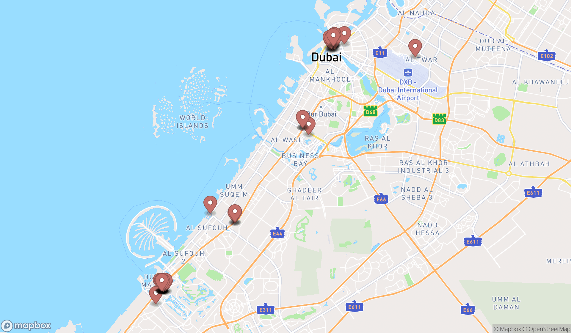 Map showing the search results in Dubai