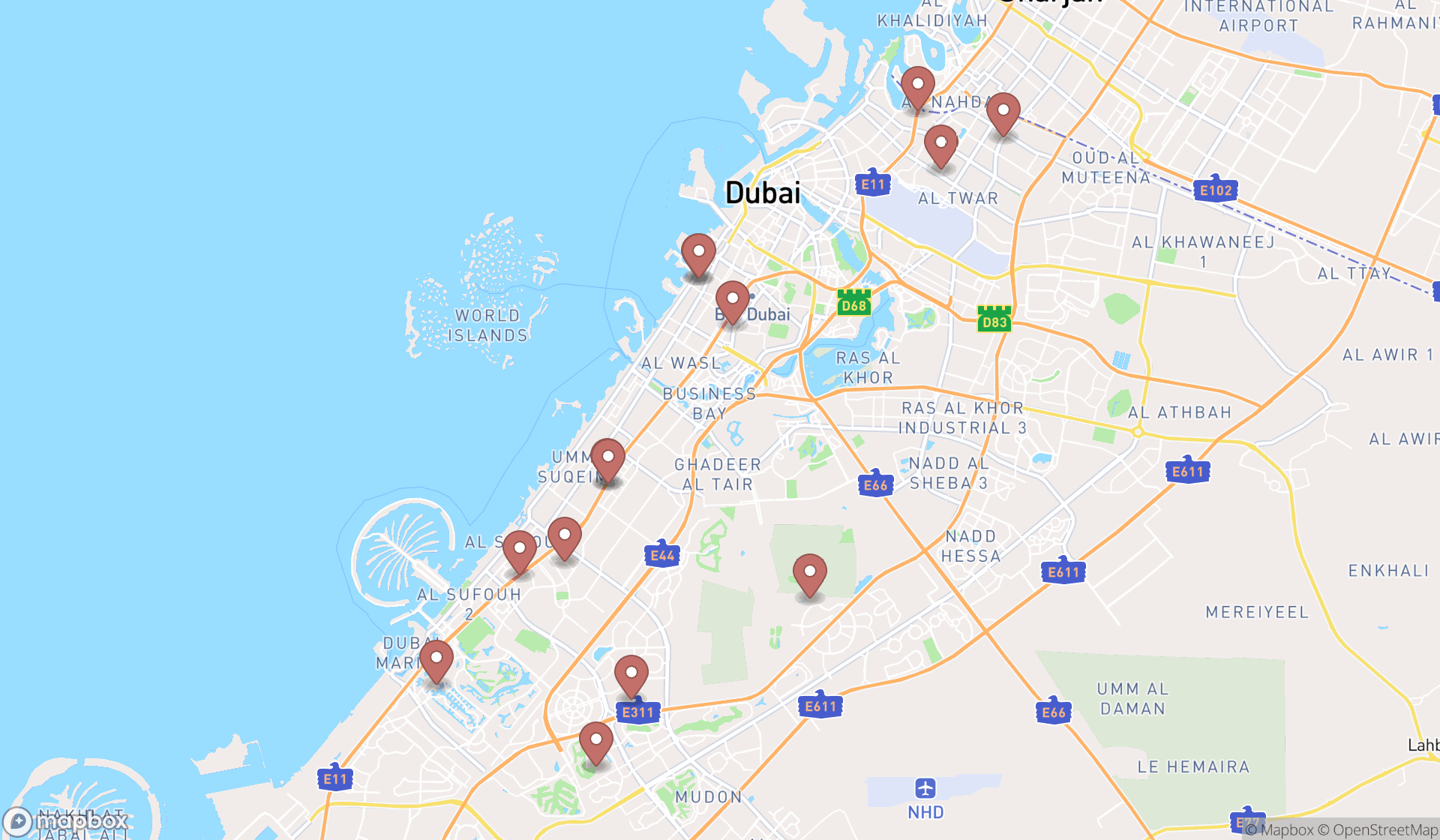 Map showing the search results in Dubai