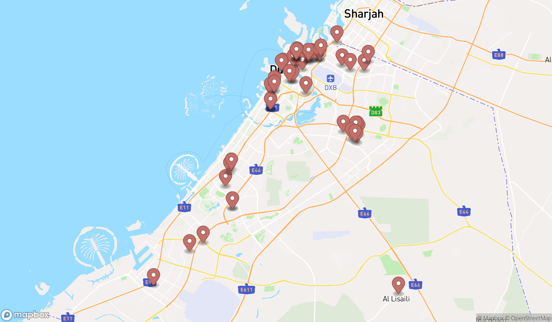 Map showing the search results in Dubai