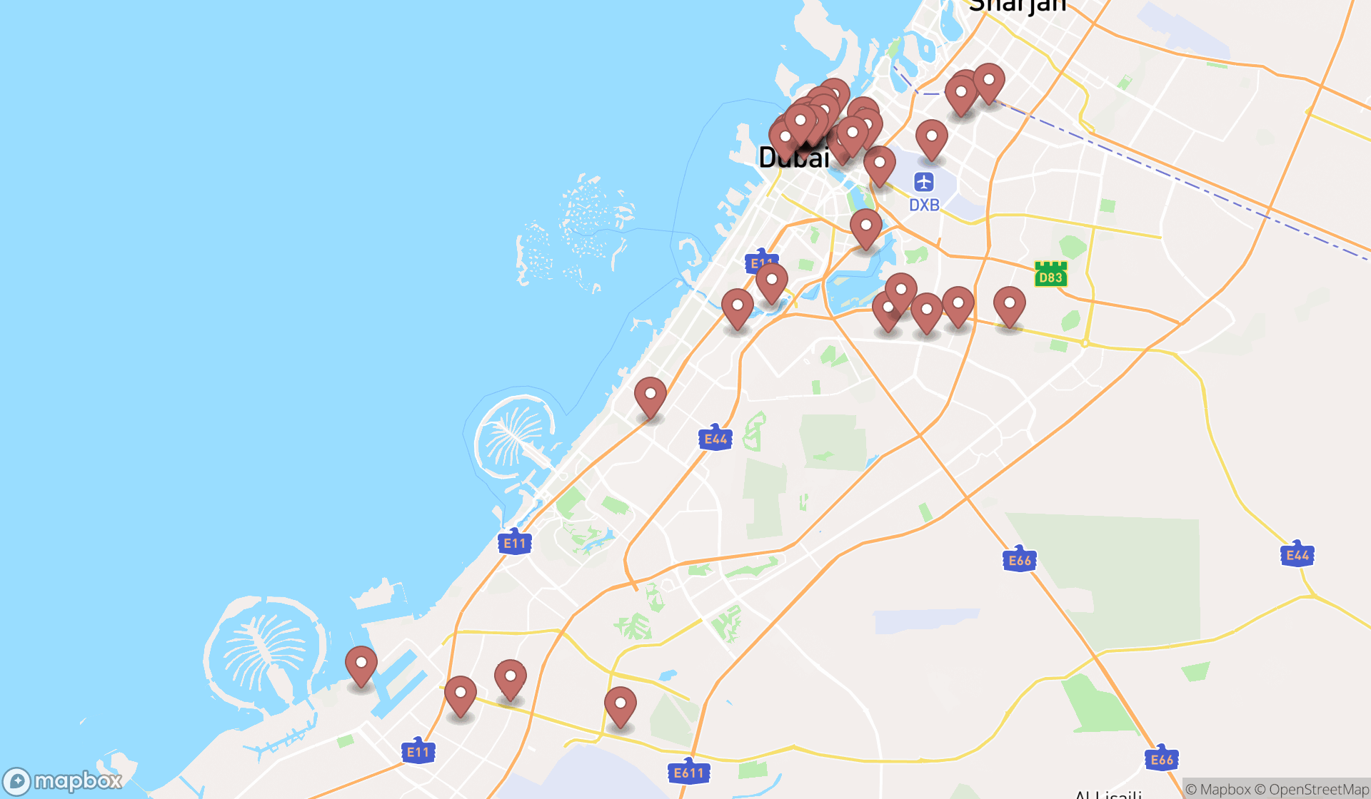 Map showing the search results in Dubai
