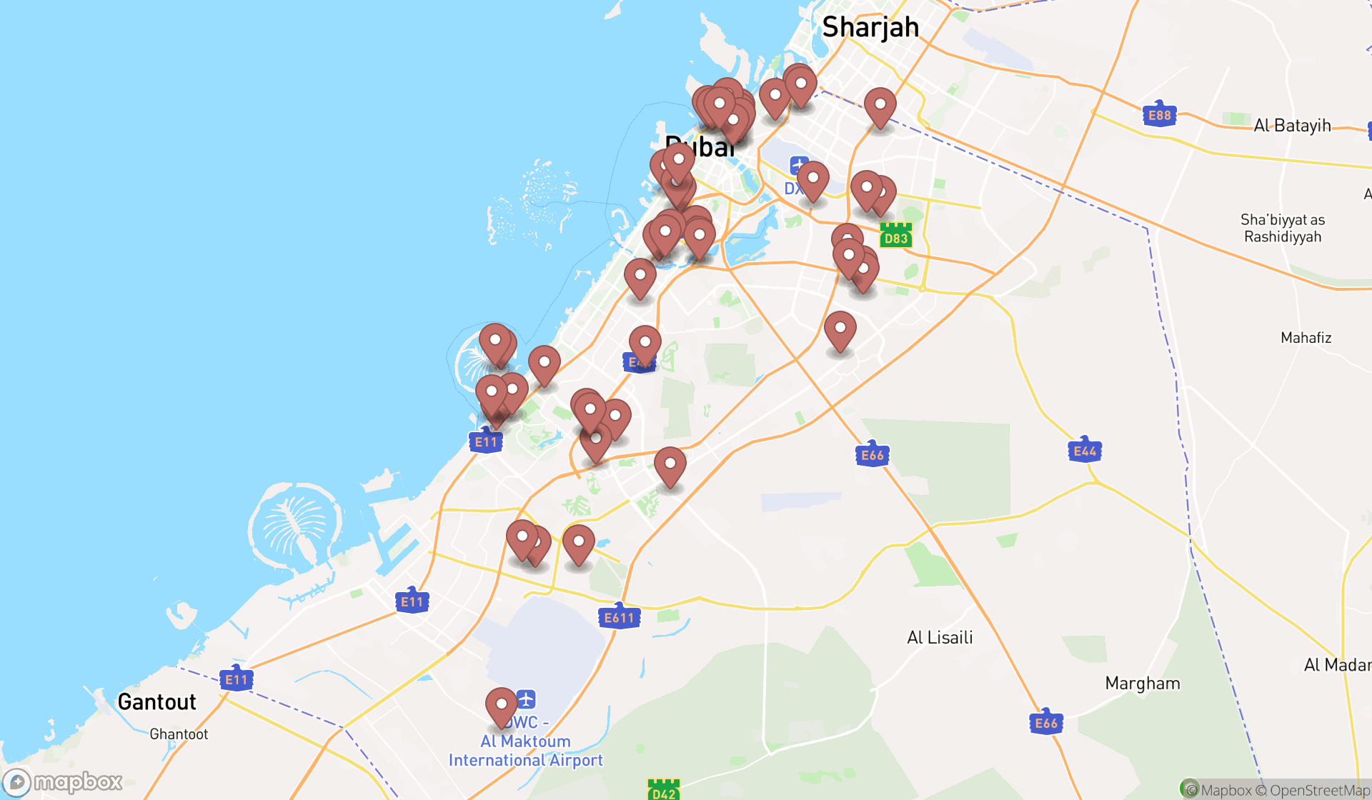 Map showing the search results in Dubai