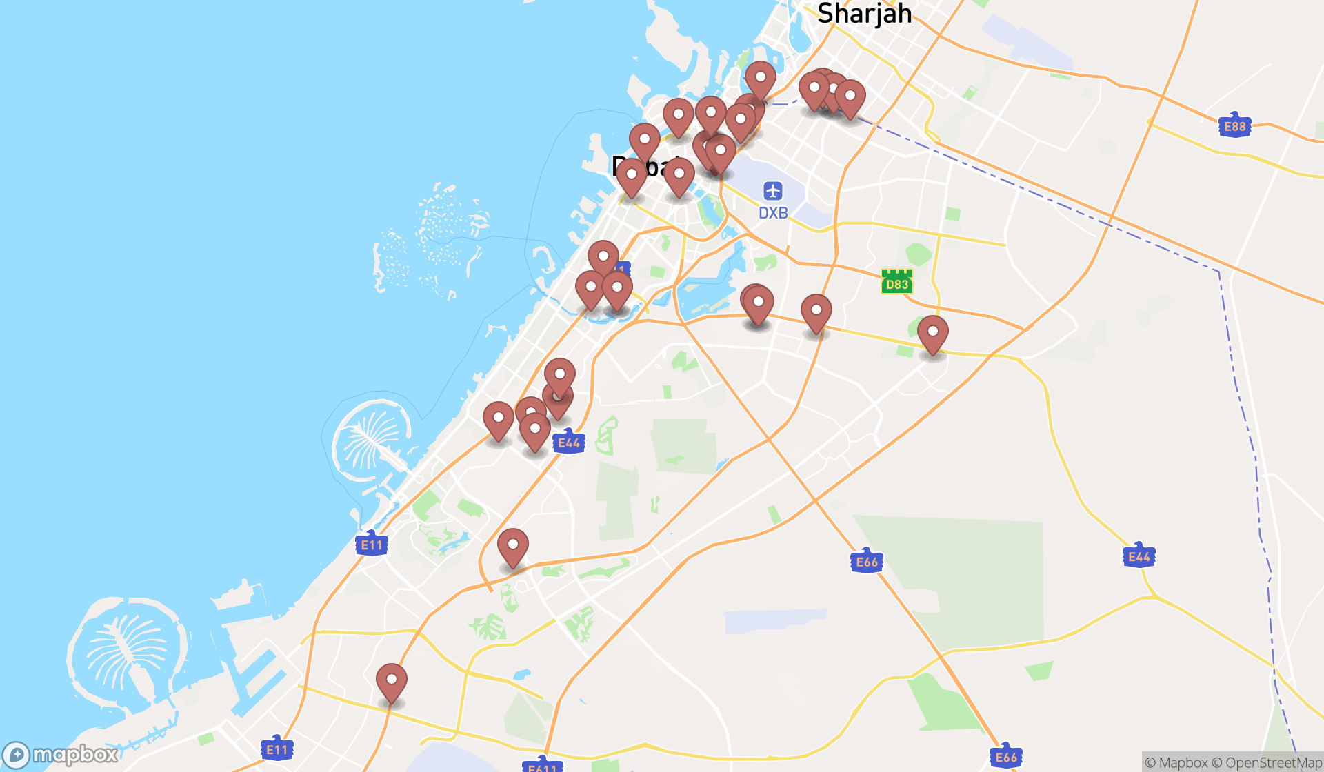 Map showing the search results in Dubai