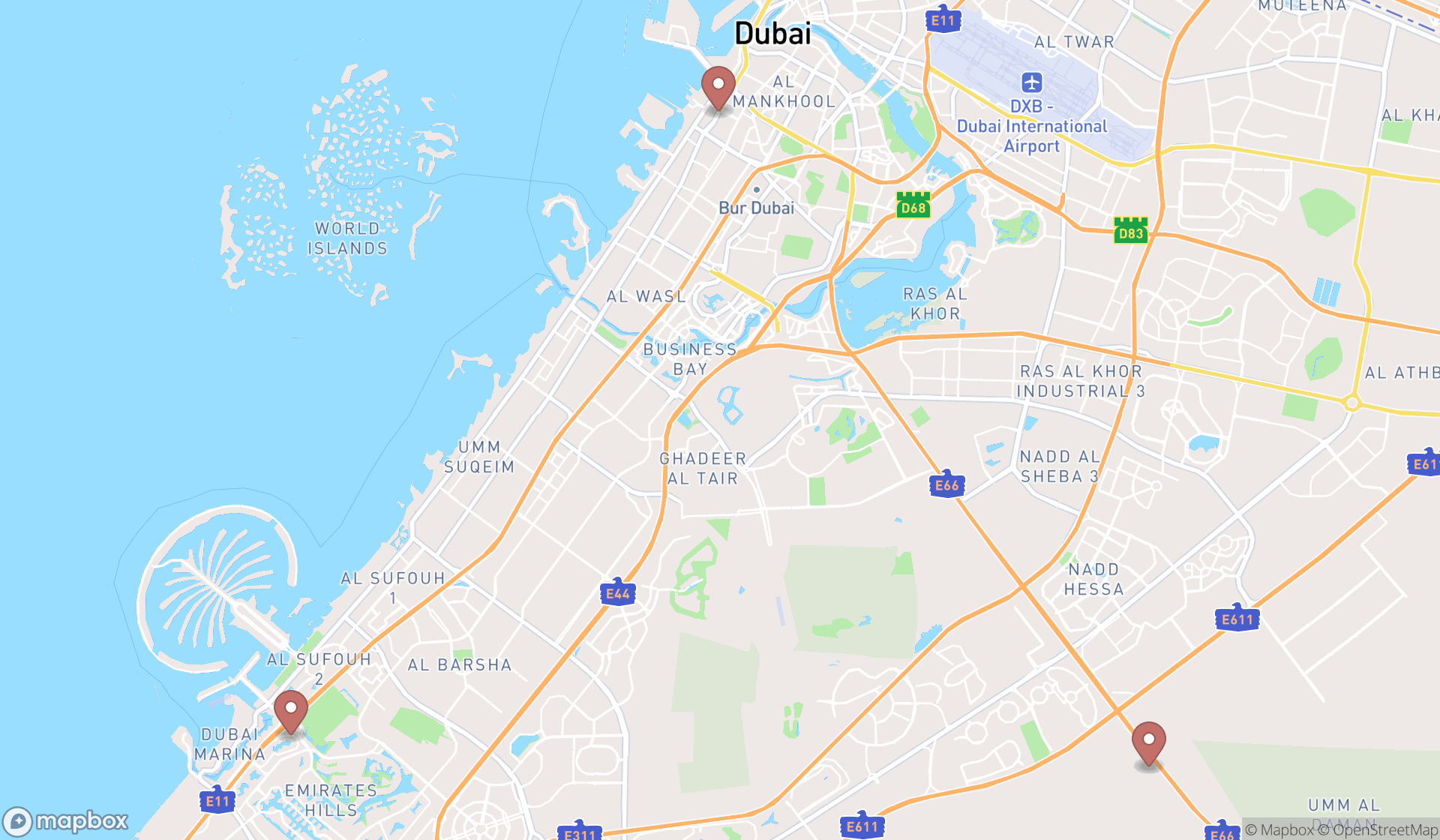 Map showing the search results in Dubai