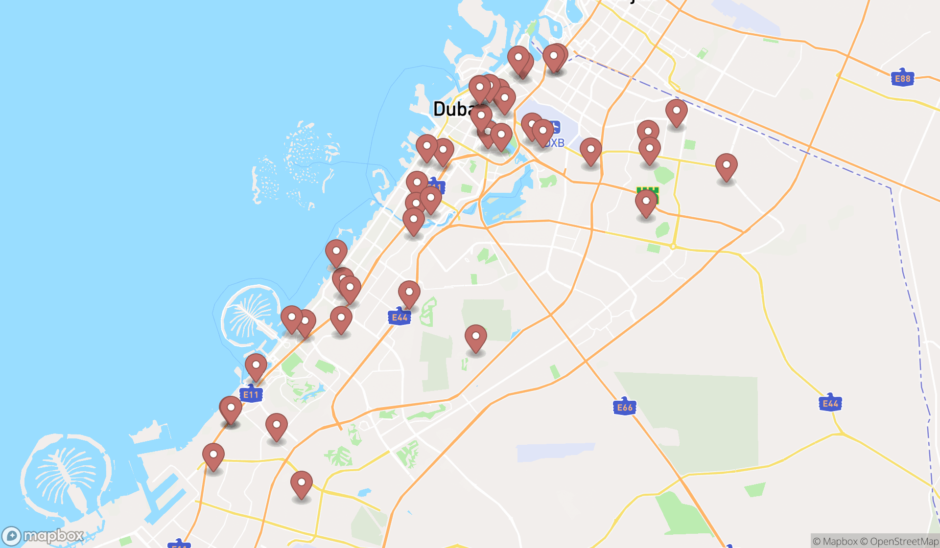 Map showing the search results in Dubai