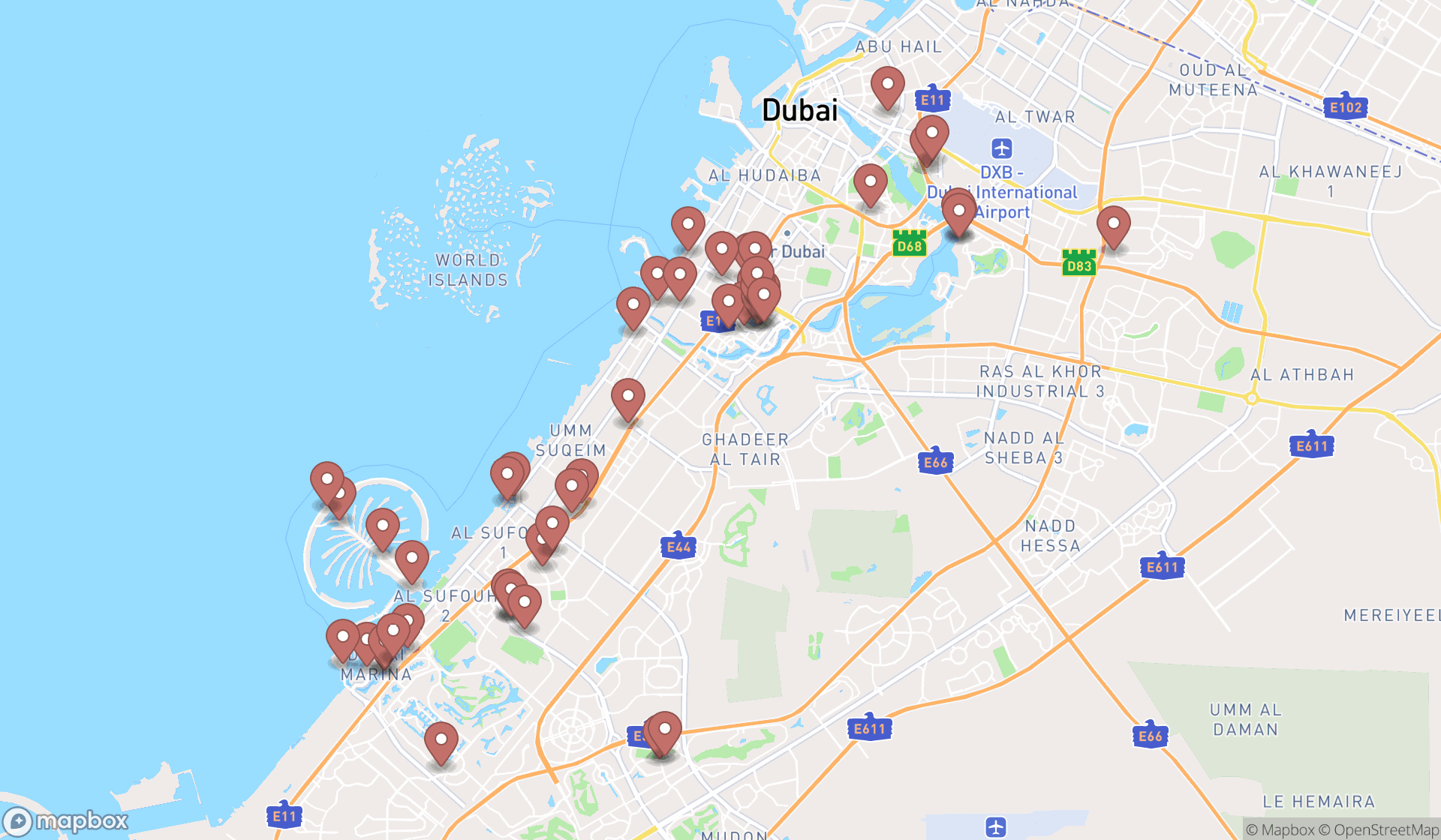 Map showing the search results in Dubai