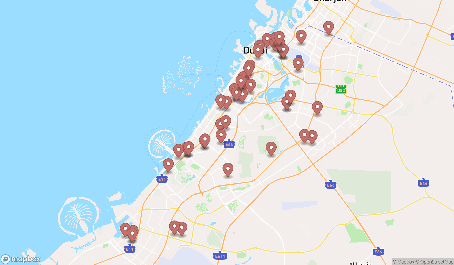 Map showing the search results in Dubai