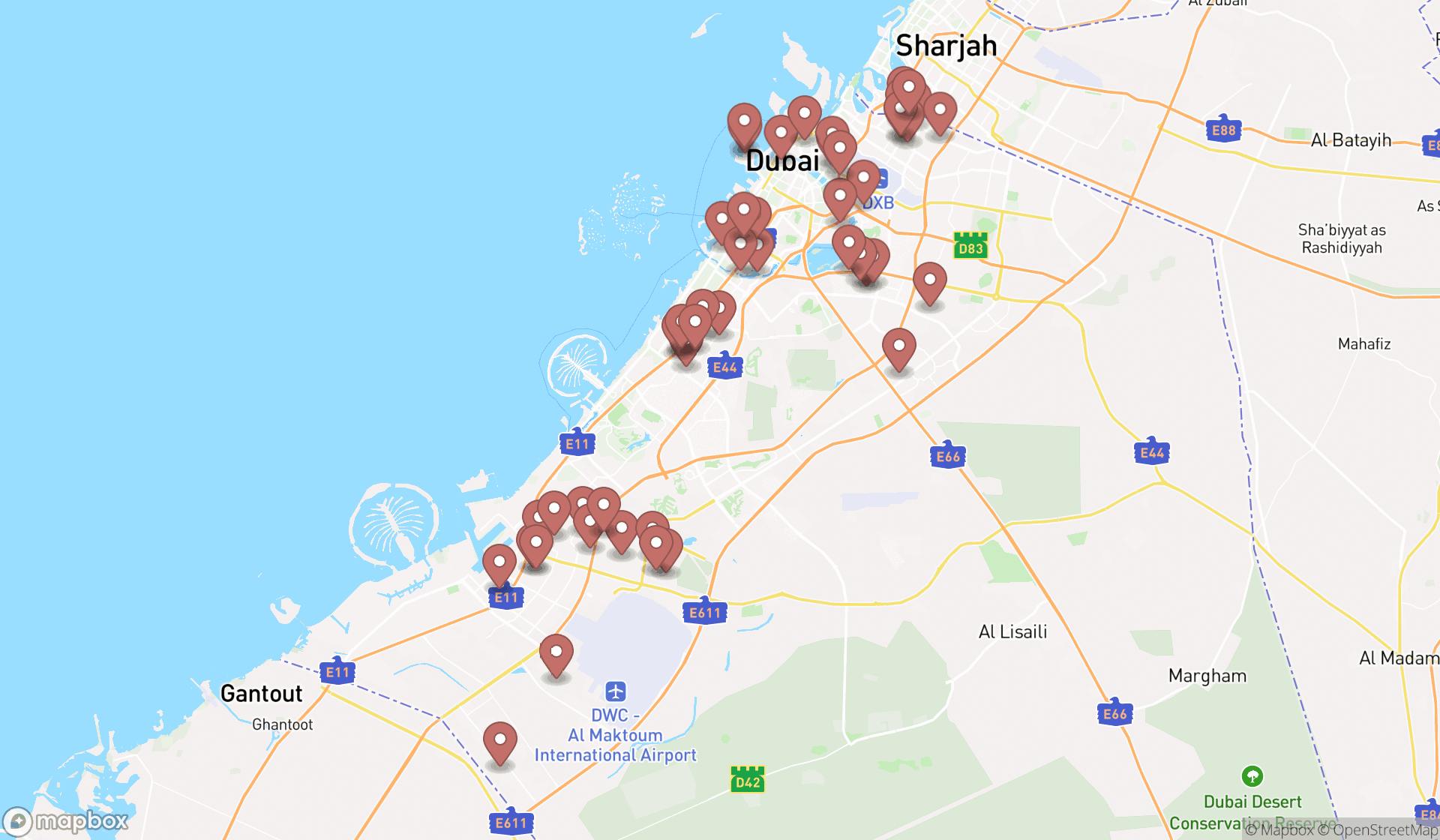 Map showing the search results in Dubai