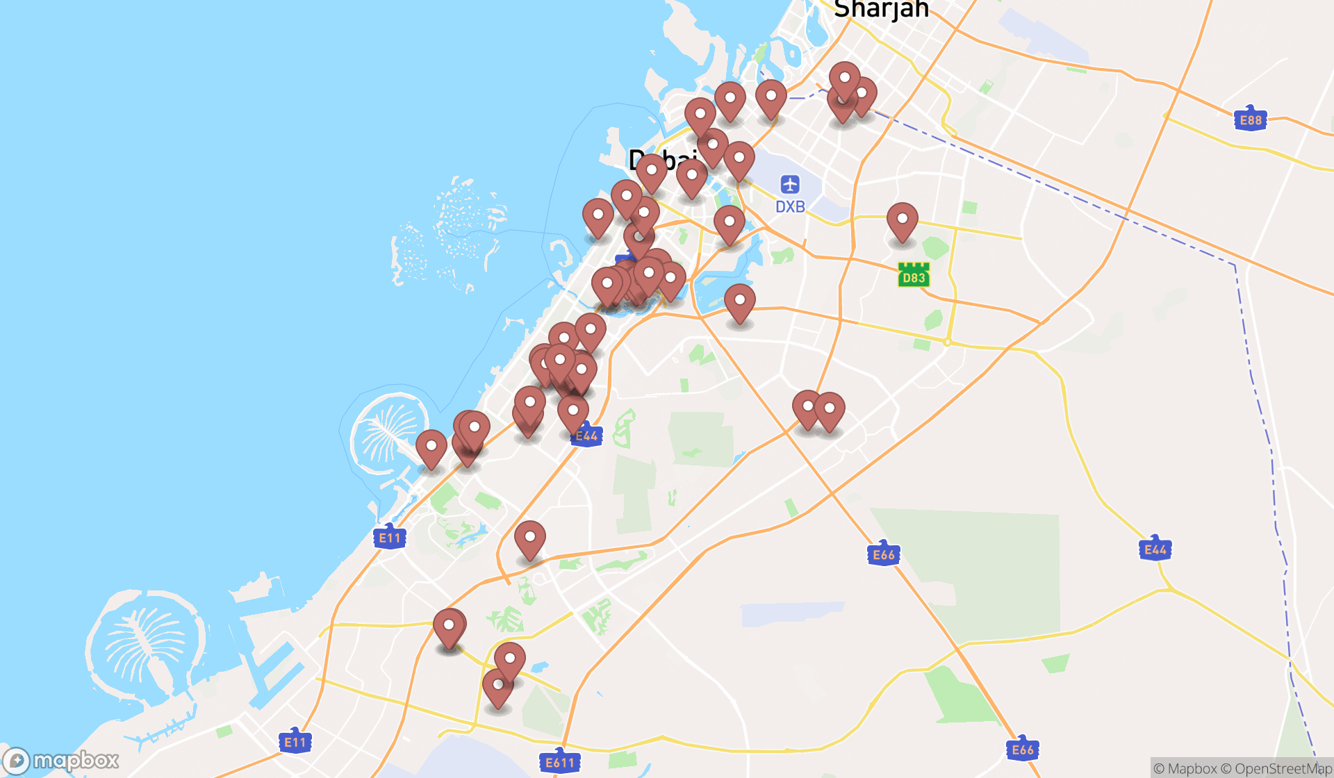 Map showing the search results in Dubai