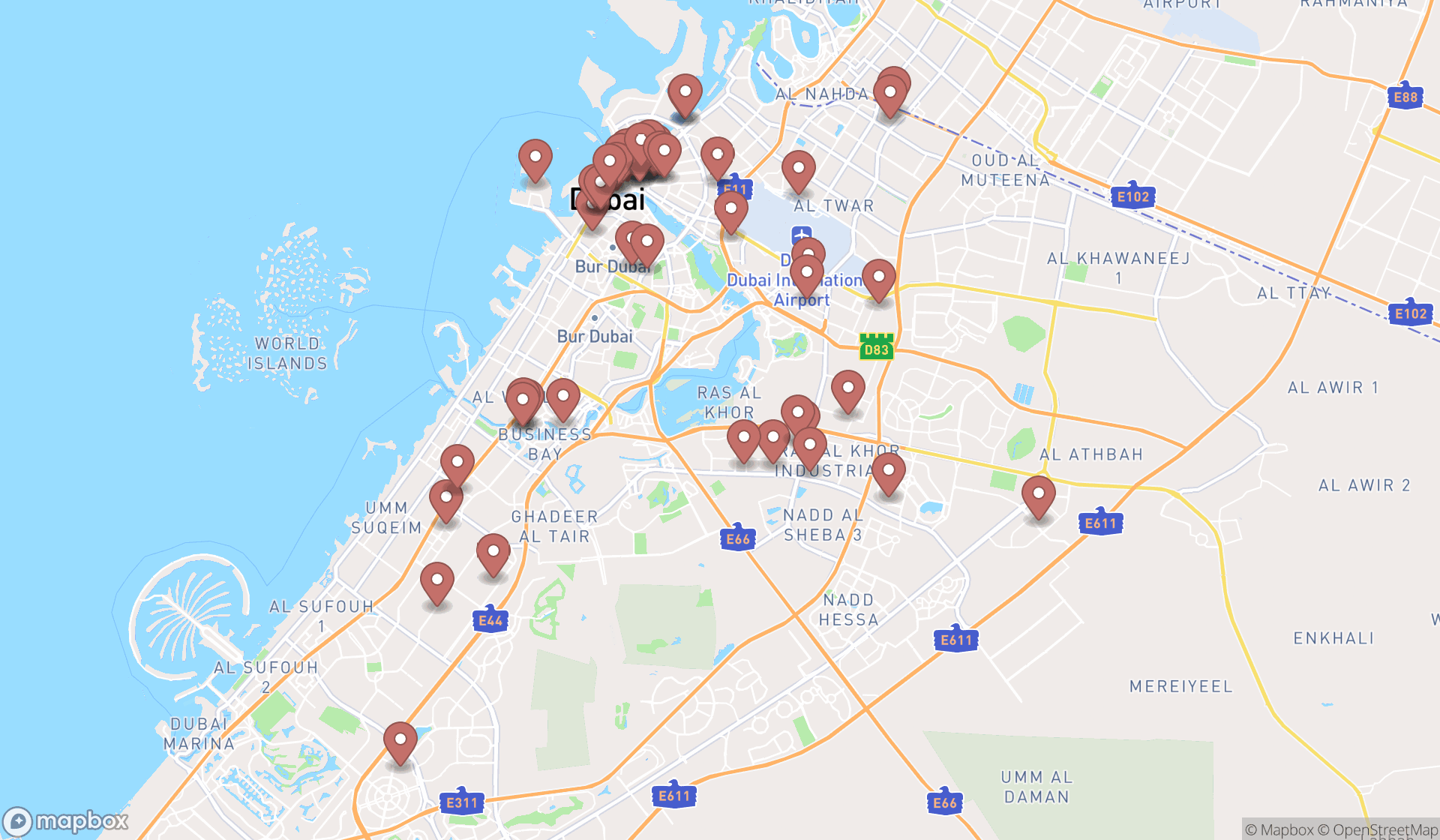 Map showing the search results in Dubai