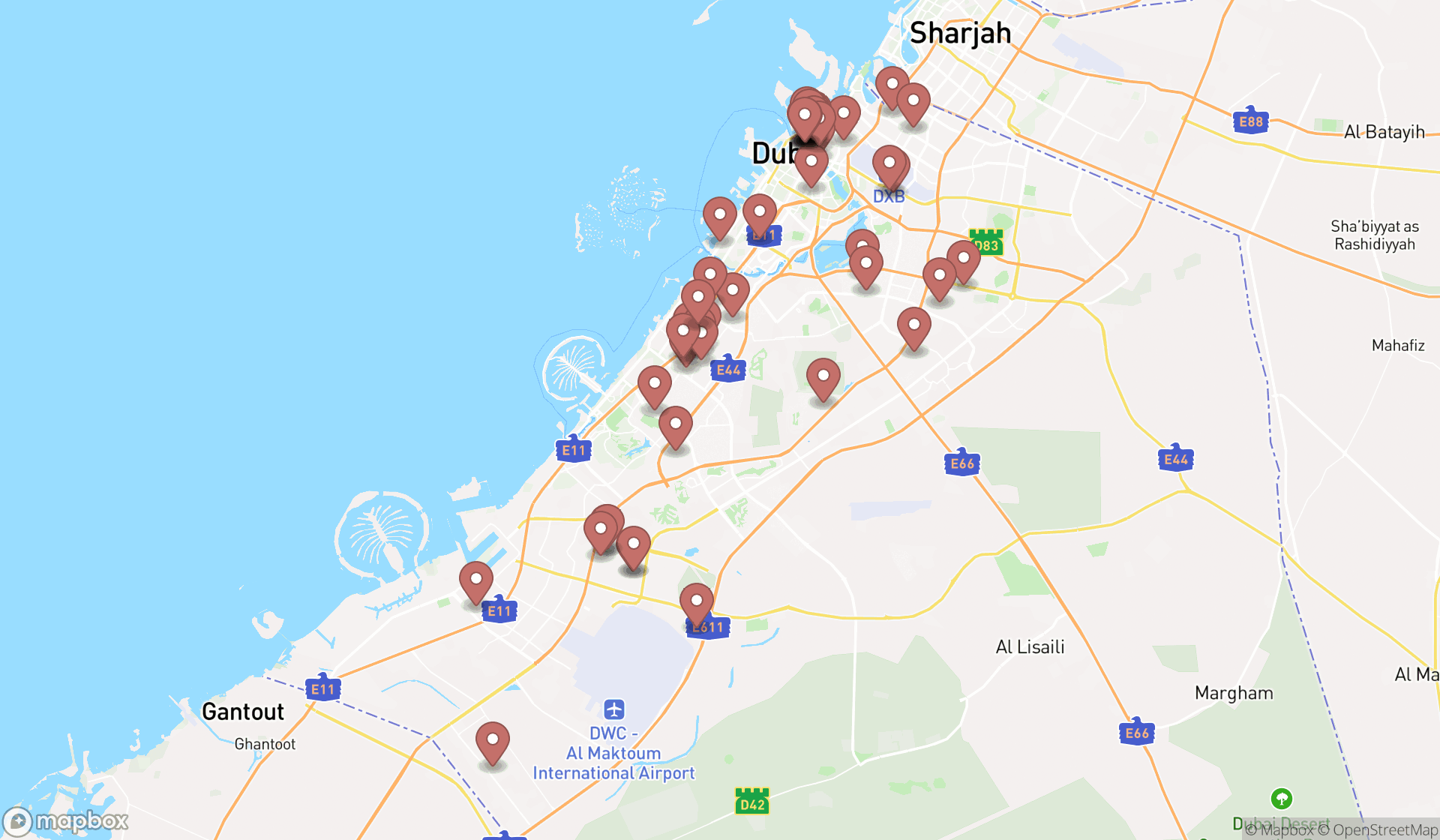 Map showing the search results in Dubai