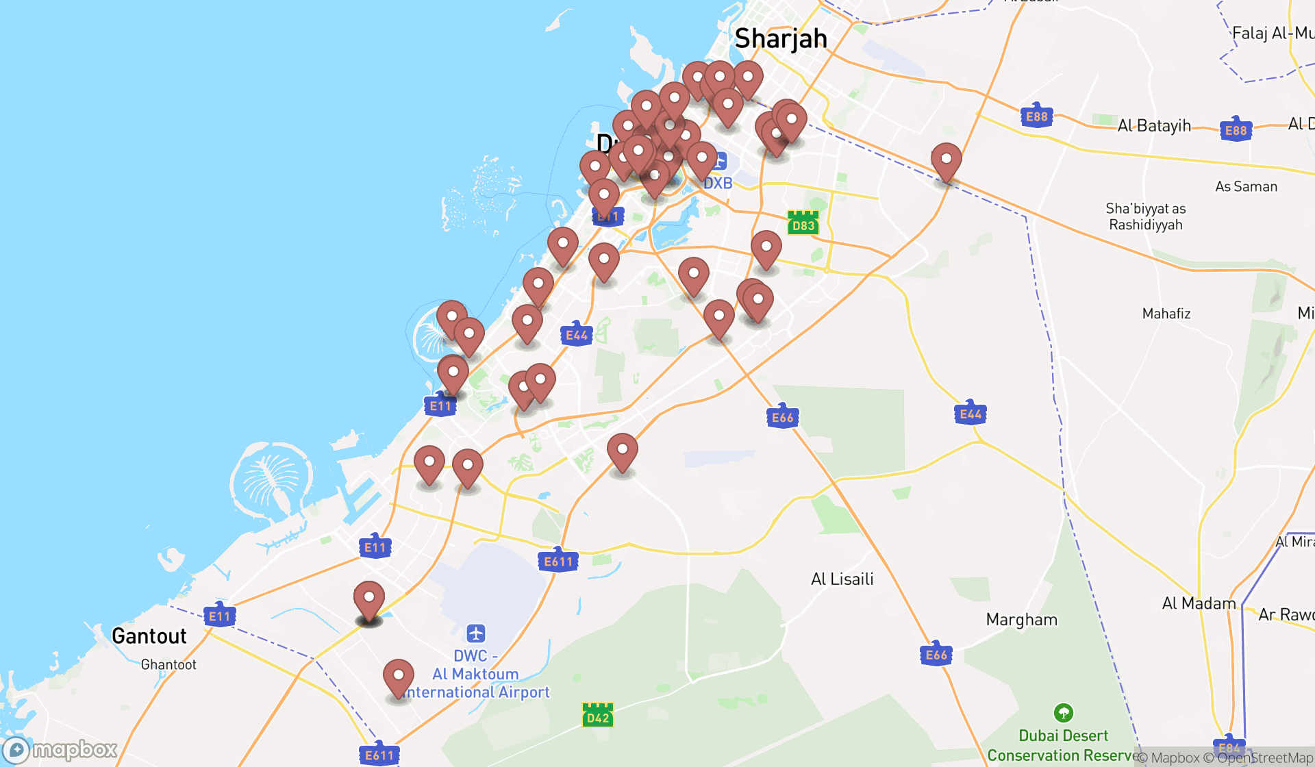 Map showing the search results in Dubai