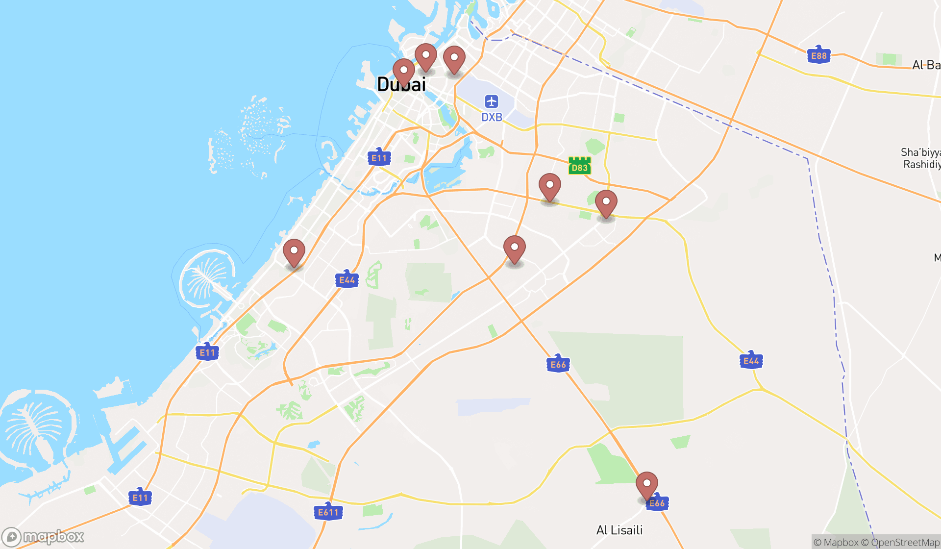 Map showing the search results in Dubai