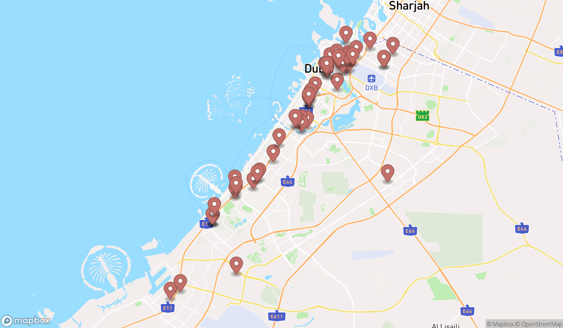 Map showing the search results in Dubai