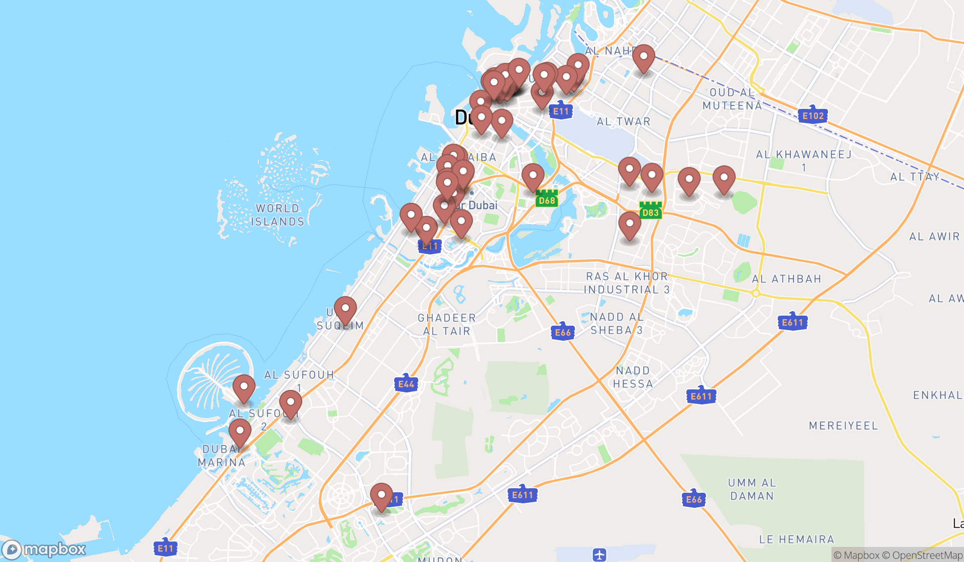Map showing the search results in Dubai