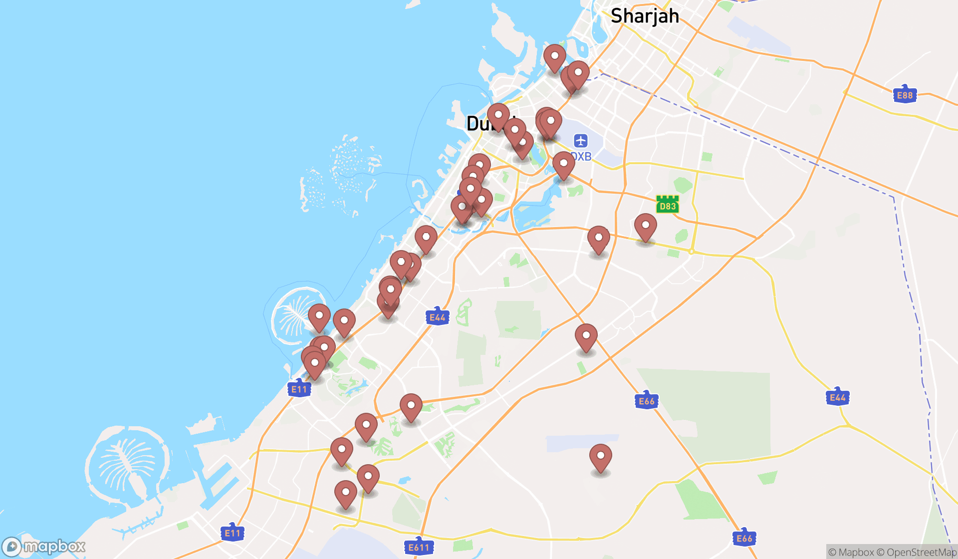 Map showing the search results in Dubai