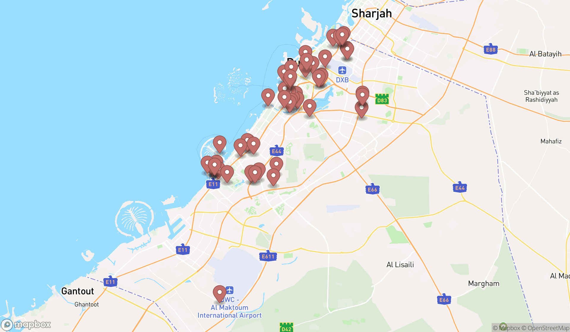 Map showing the search results in Dubai