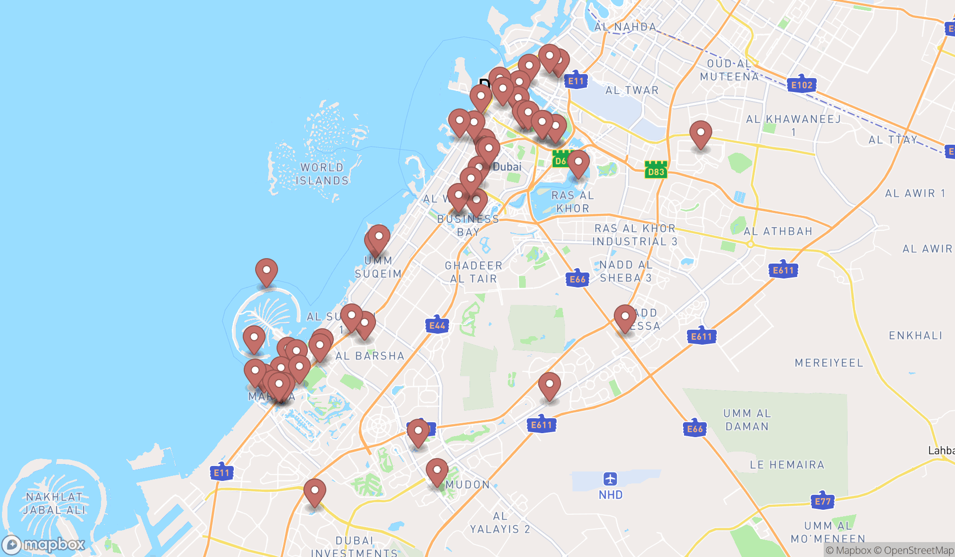 Map showing the search results in Dubai