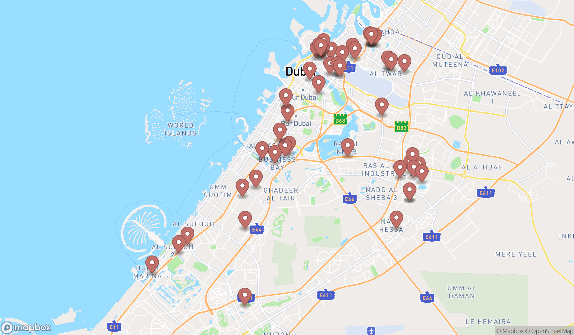 Map showing the search results in Dubai