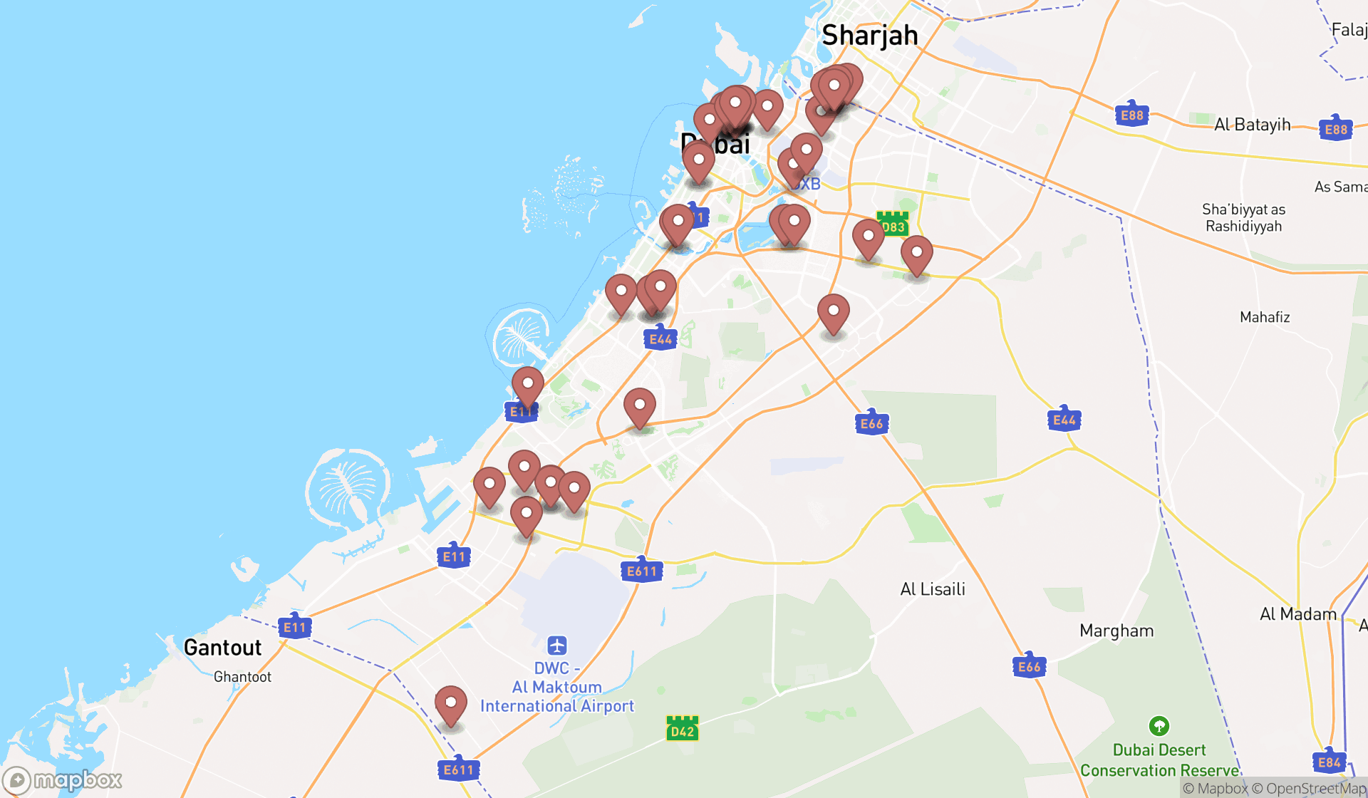 Map showing the search results in Dubai