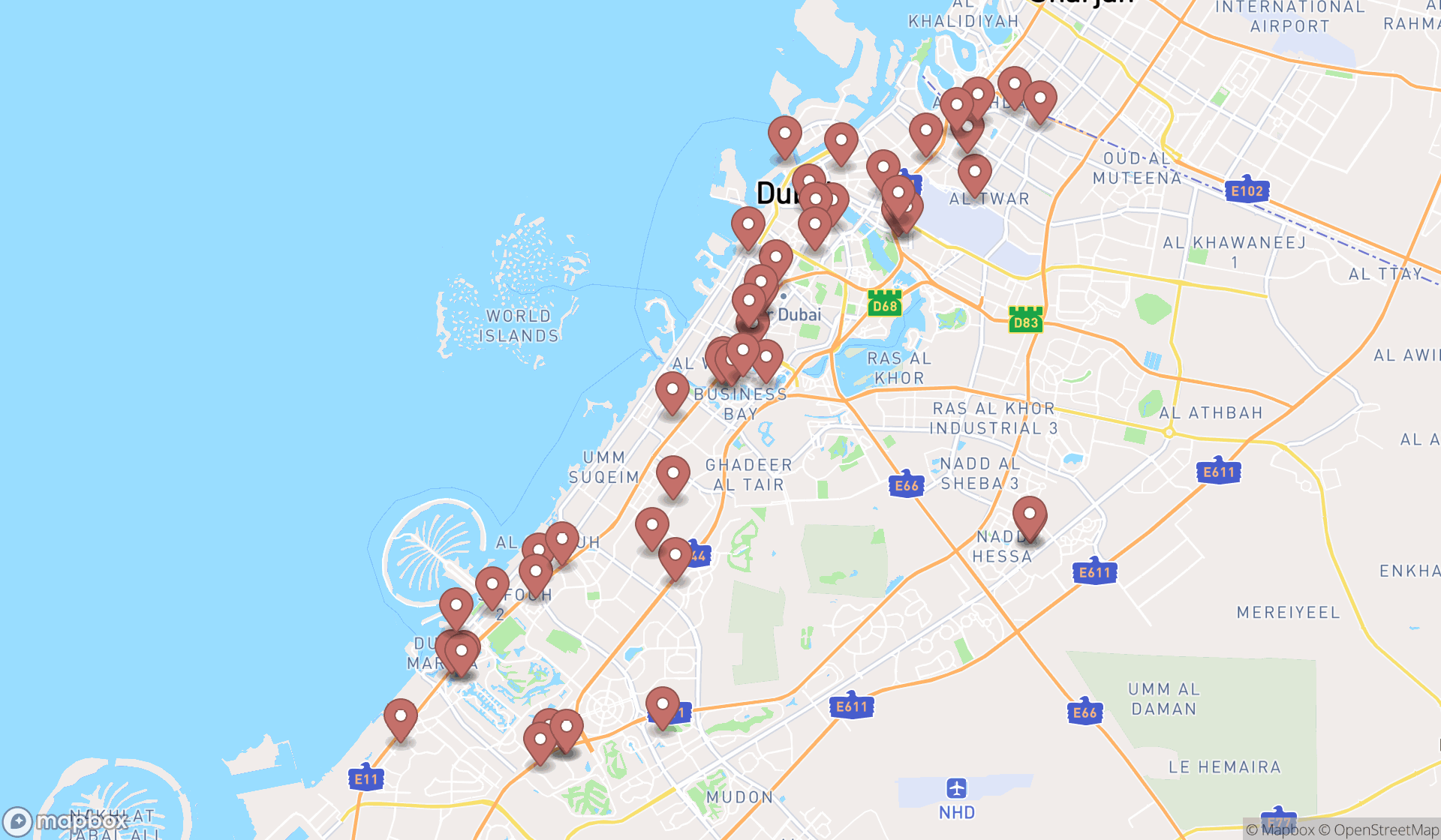 Map showing the search results in Dubai