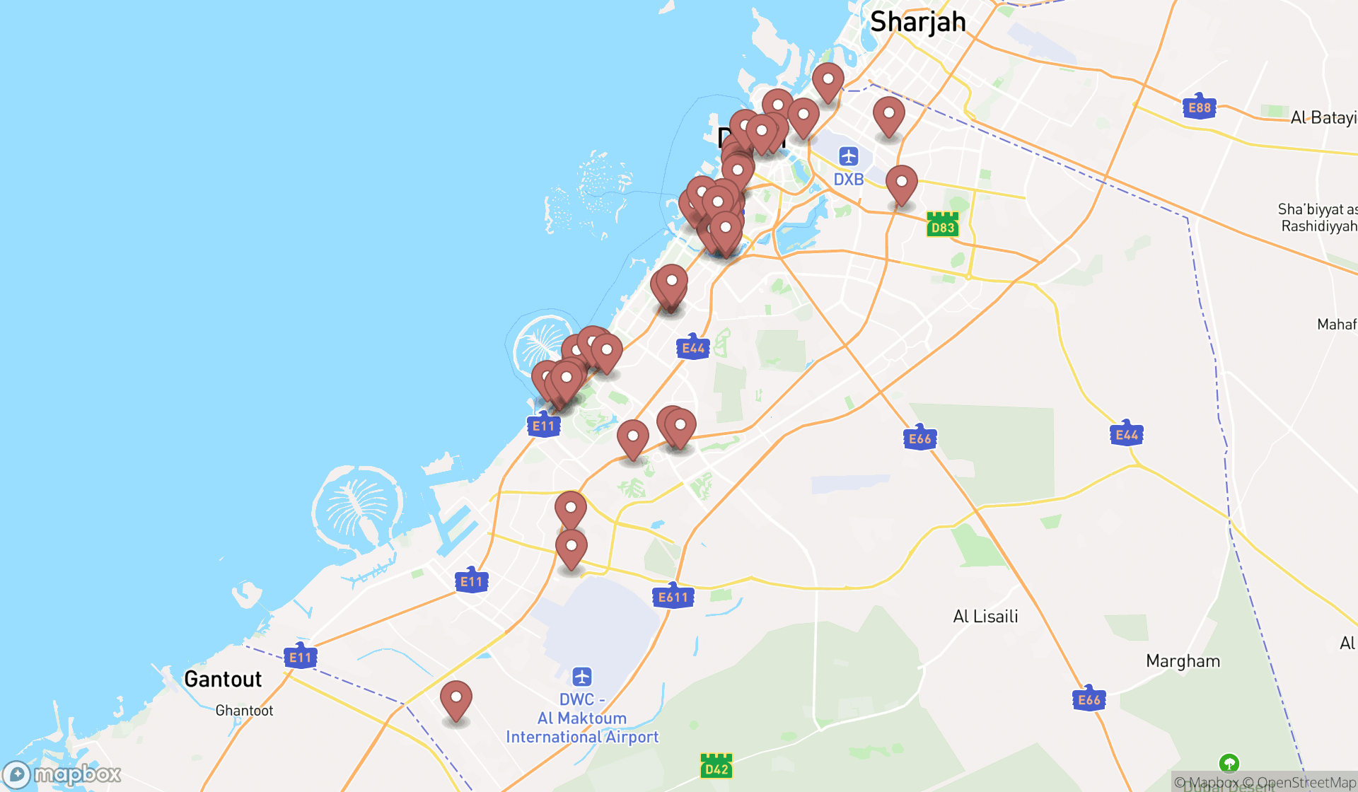 Map showing the search results in Dubai