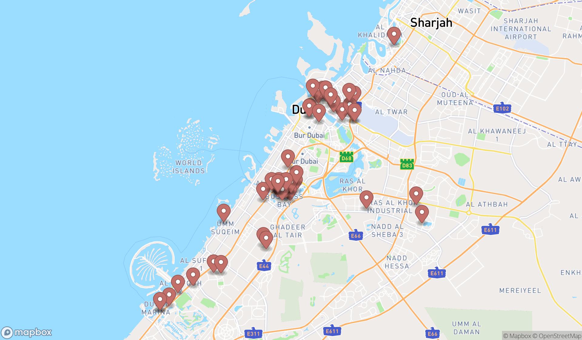 Map showing the search results in Dubai