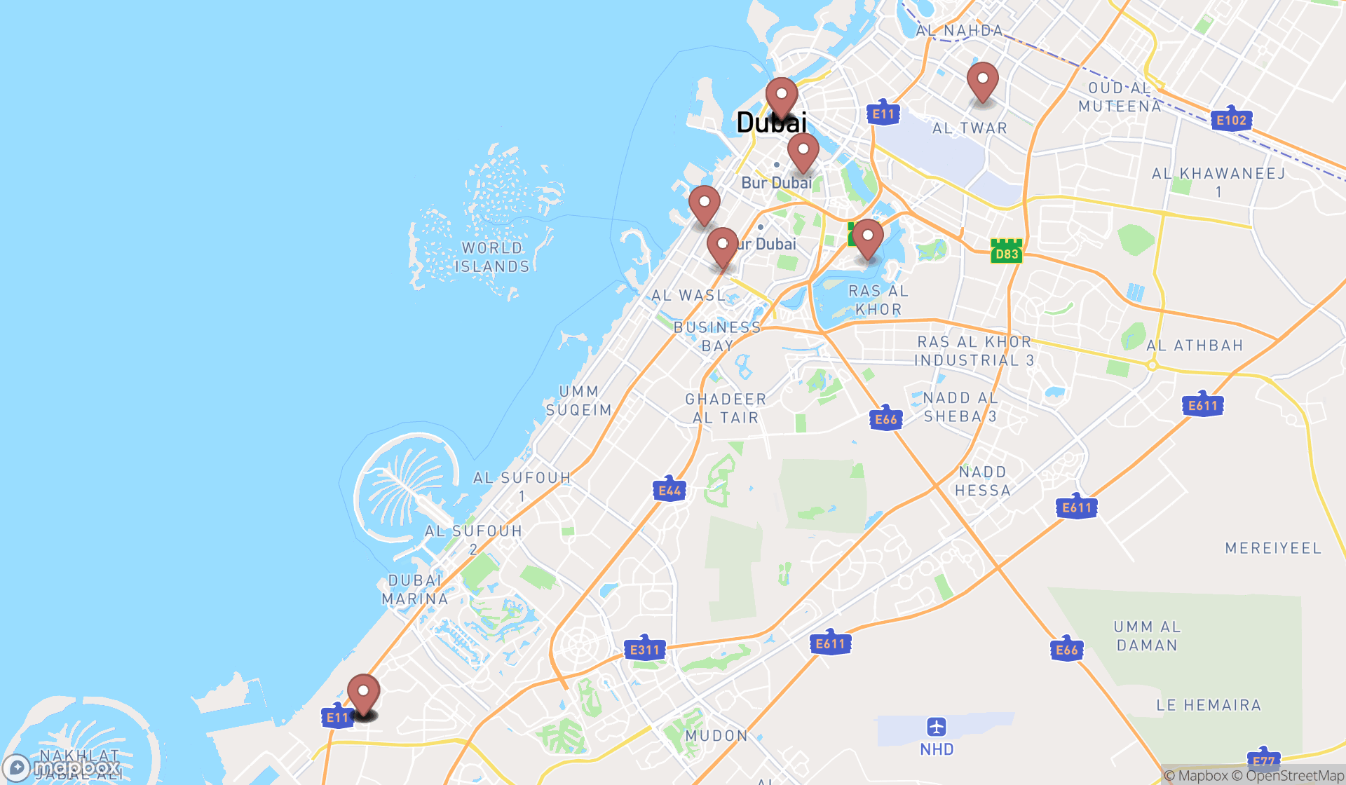 Map showing the search results in Dubai