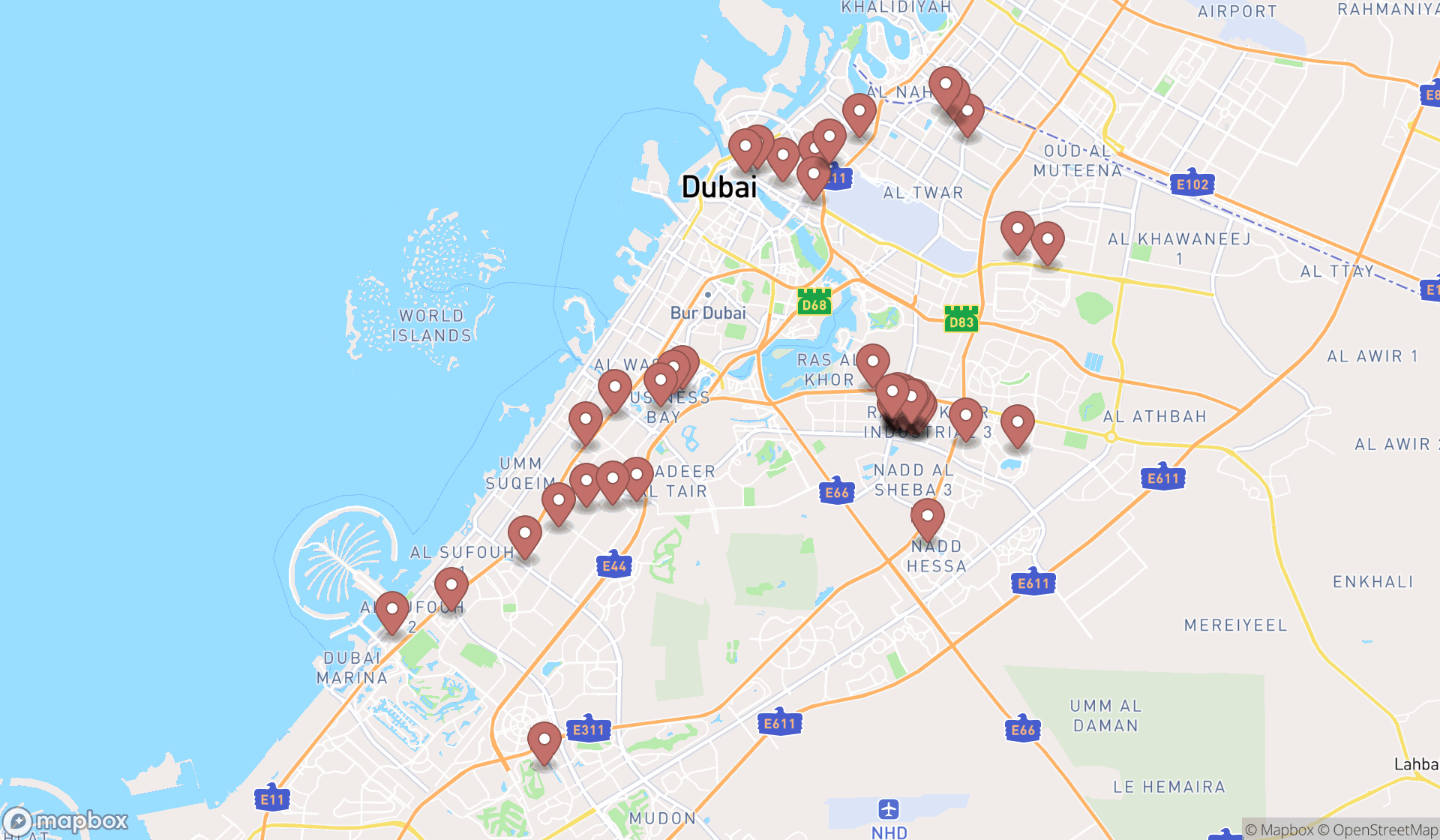Map showing the search results in Dubai