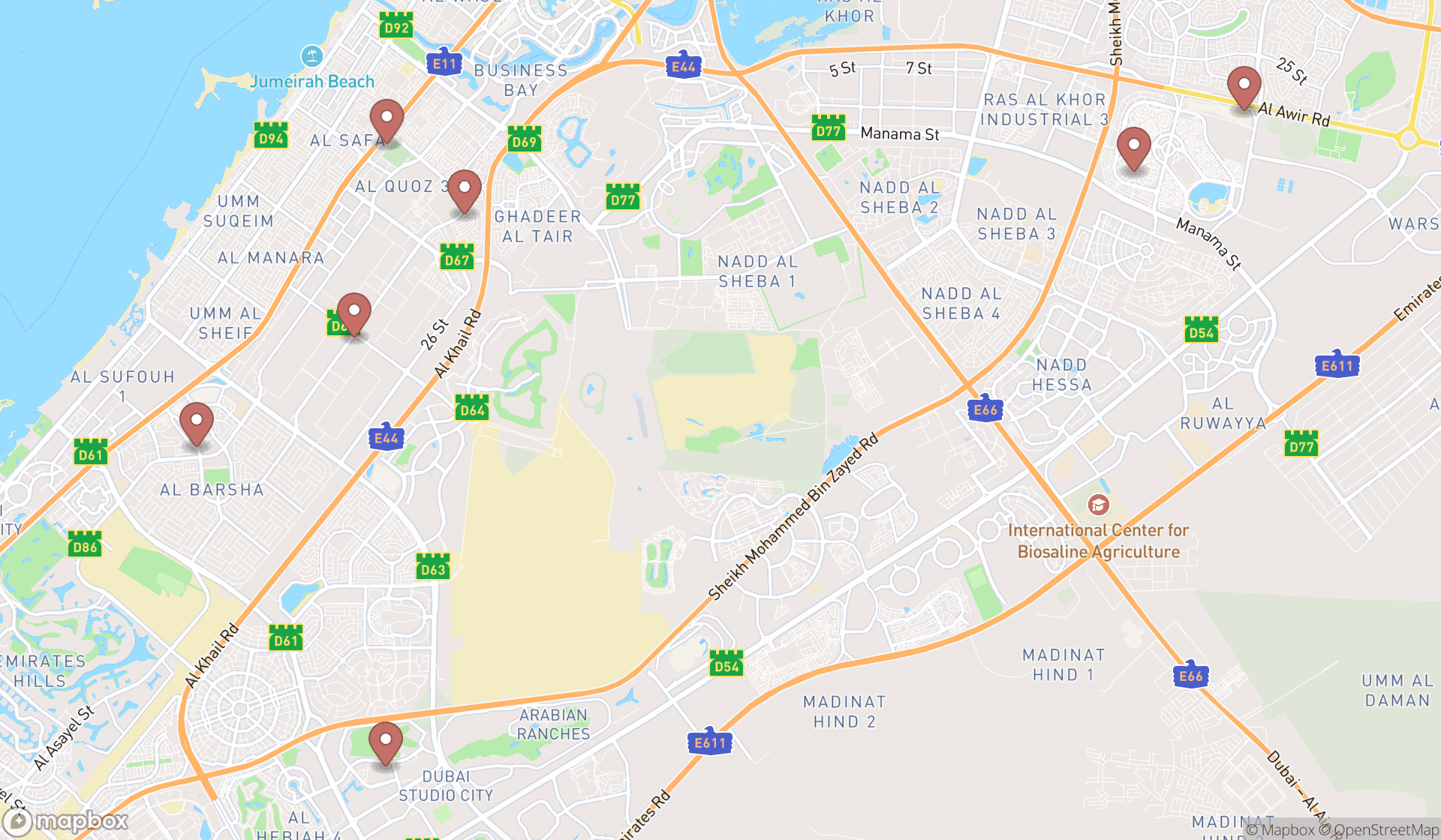 Map showing the search results in Dubai