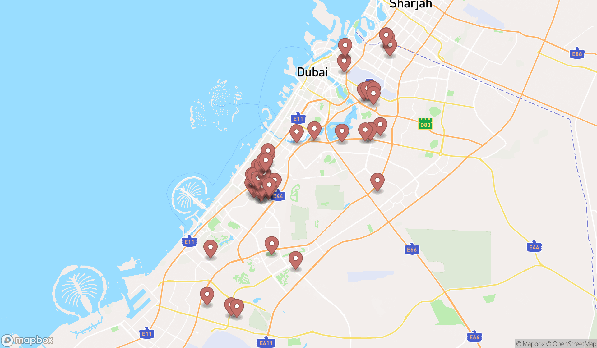 Map showing the search results in Dubai