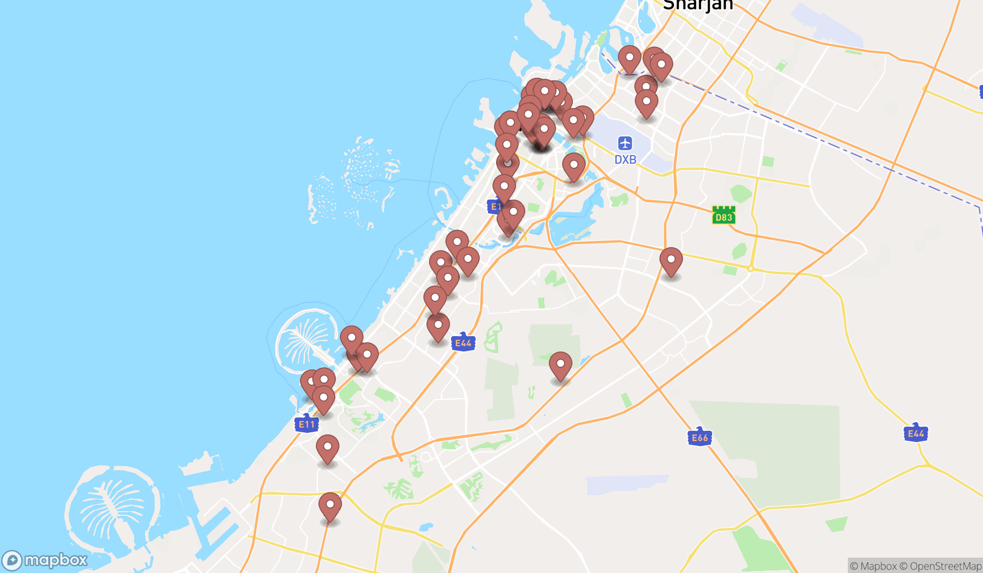 Map showing the search results in Dubai