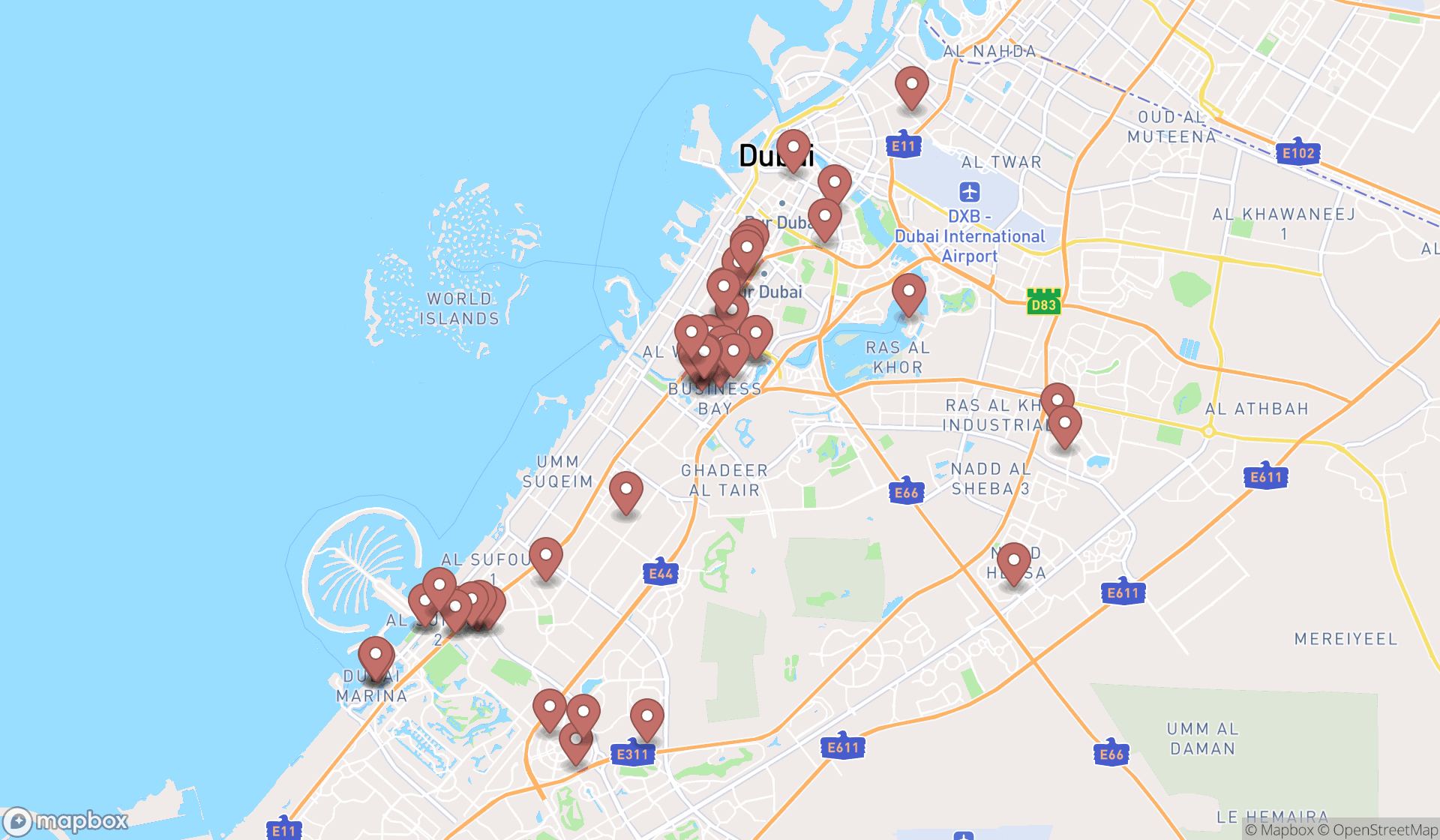Map showing the search results in Dubai