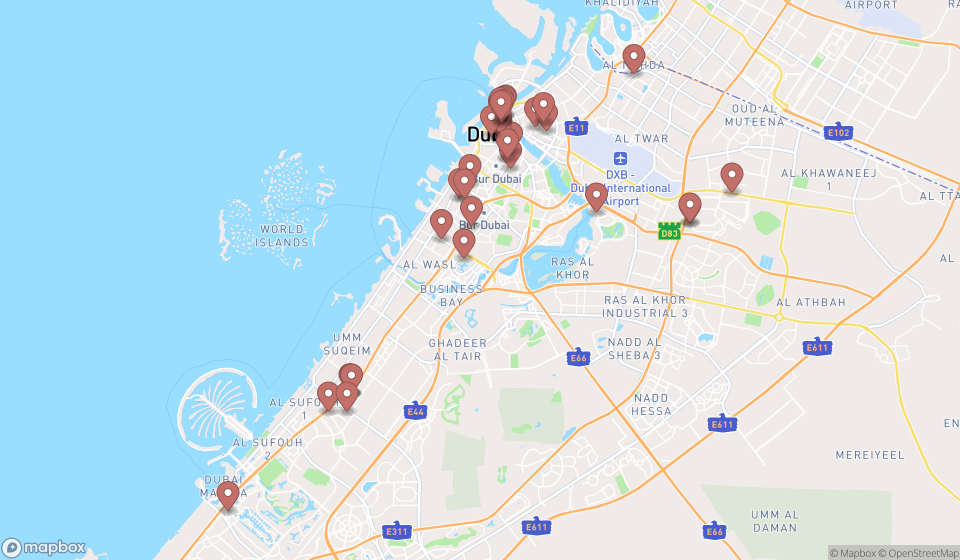 Map showing the search results in Dubai