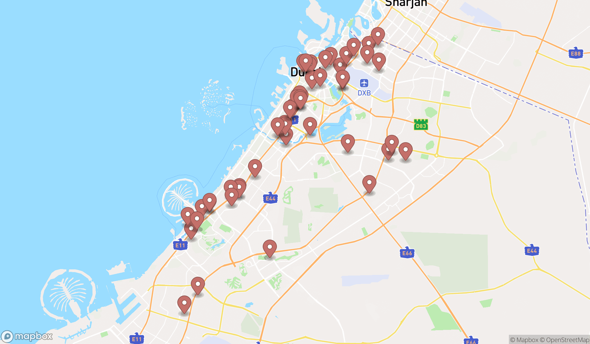 Map showing the search results in Dubai