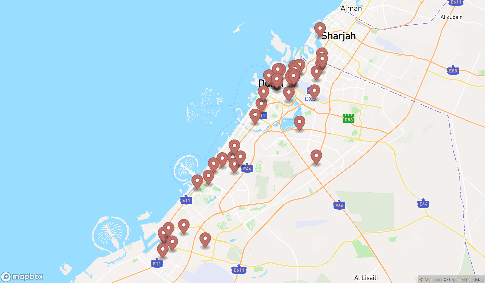 Map showing the search results in Dubai