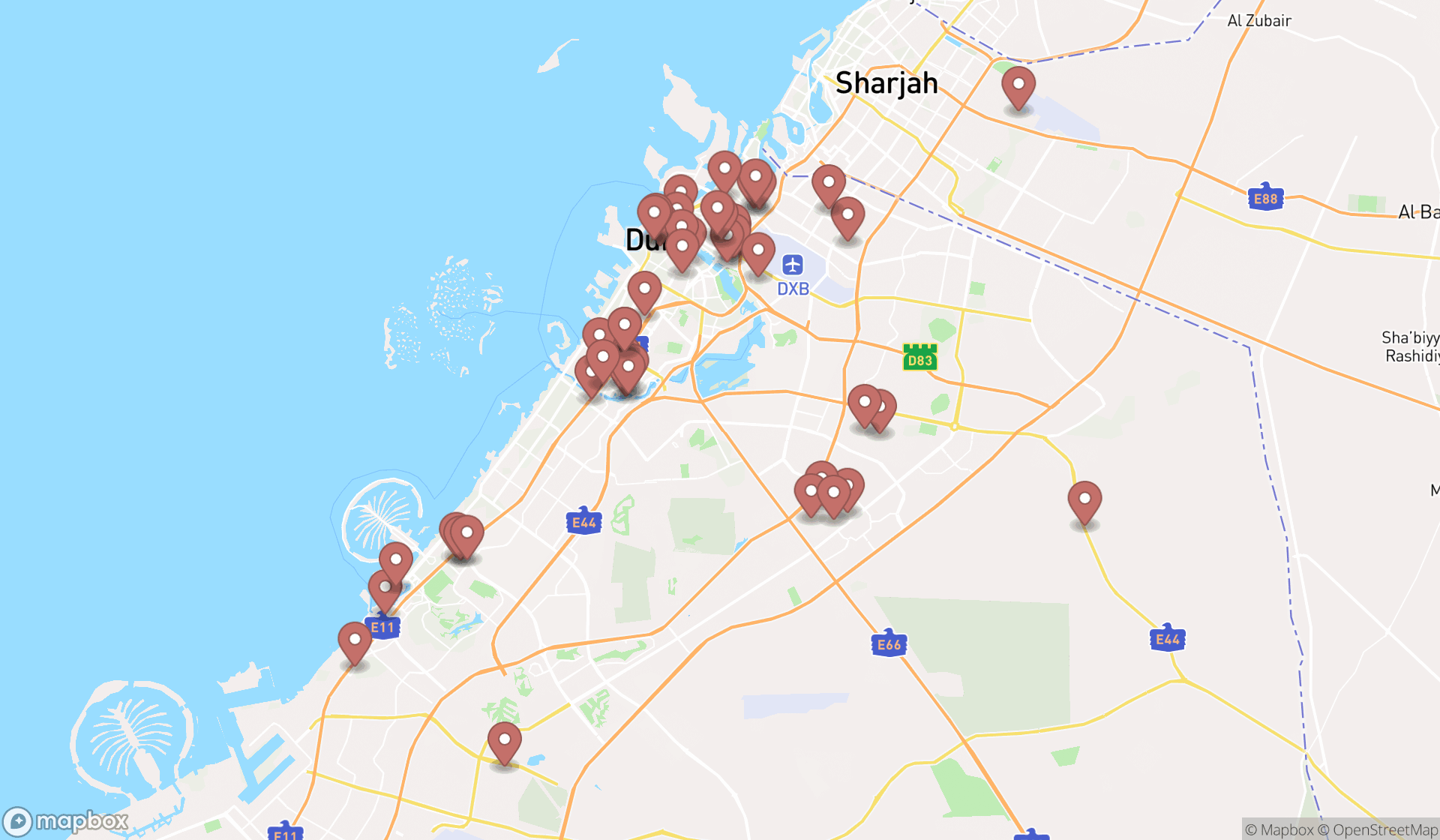 Map showing the search results in Dubai