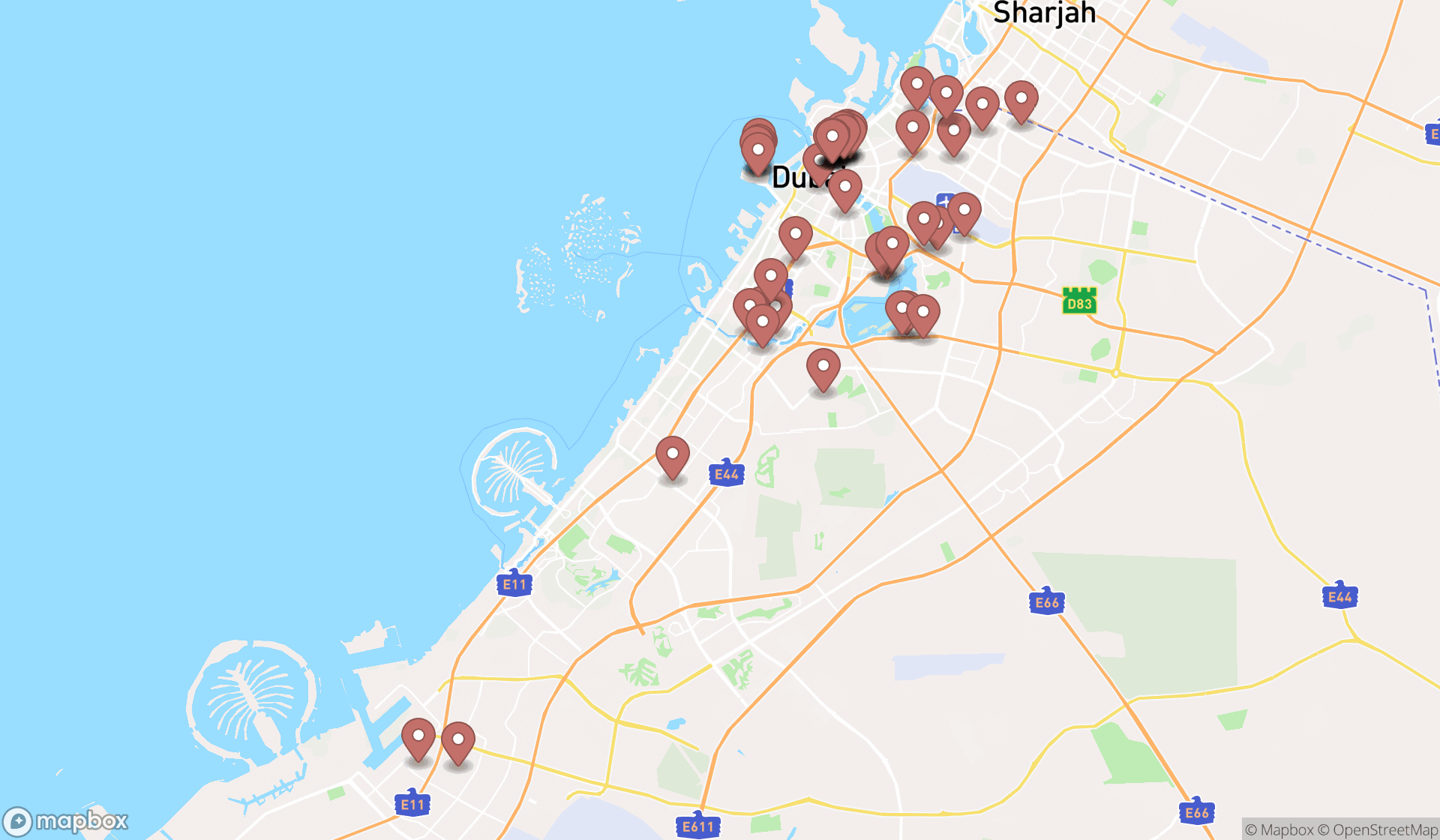 Map showing the search results in Dubai
