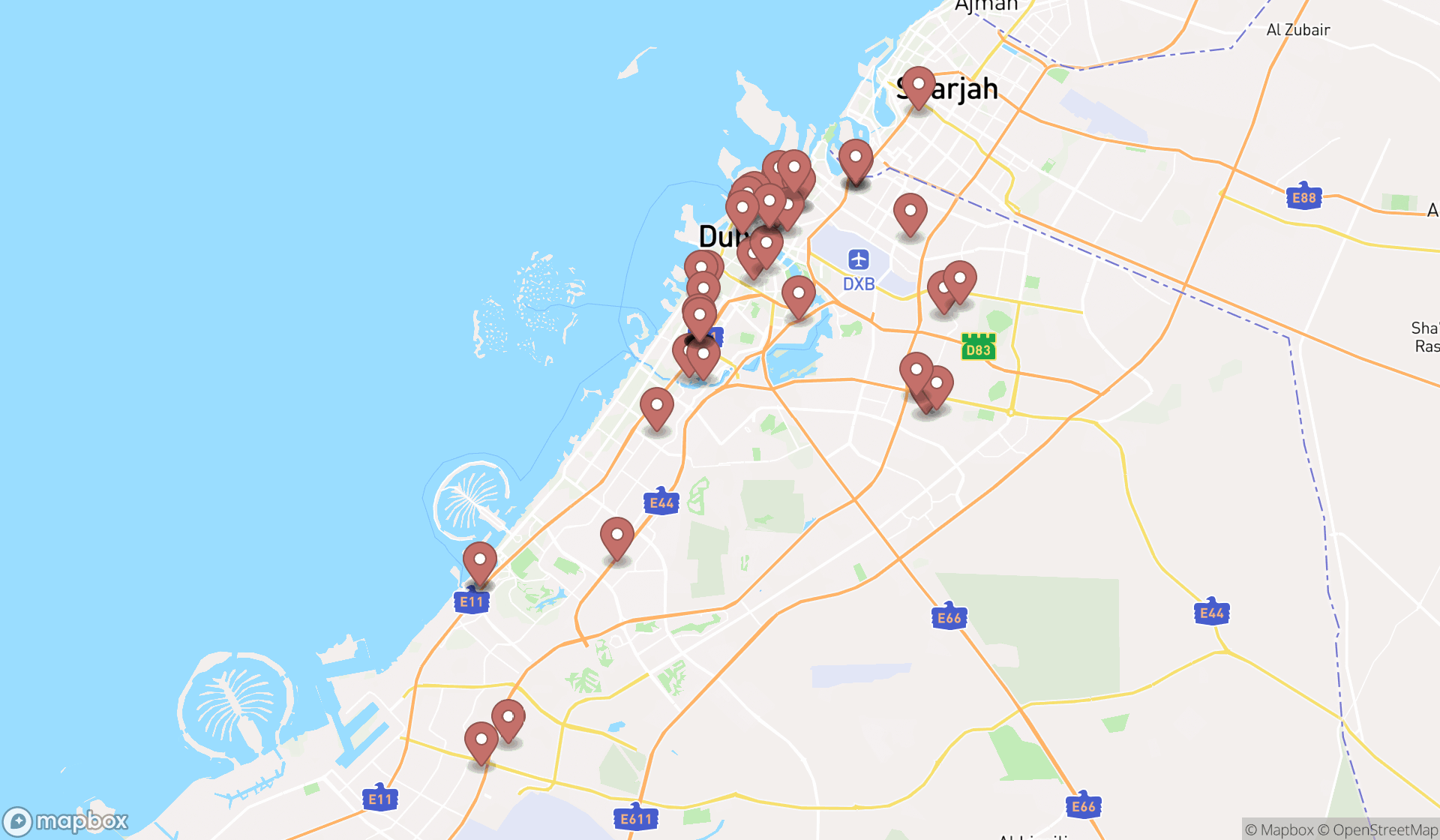 Map showing the search results in Dubai