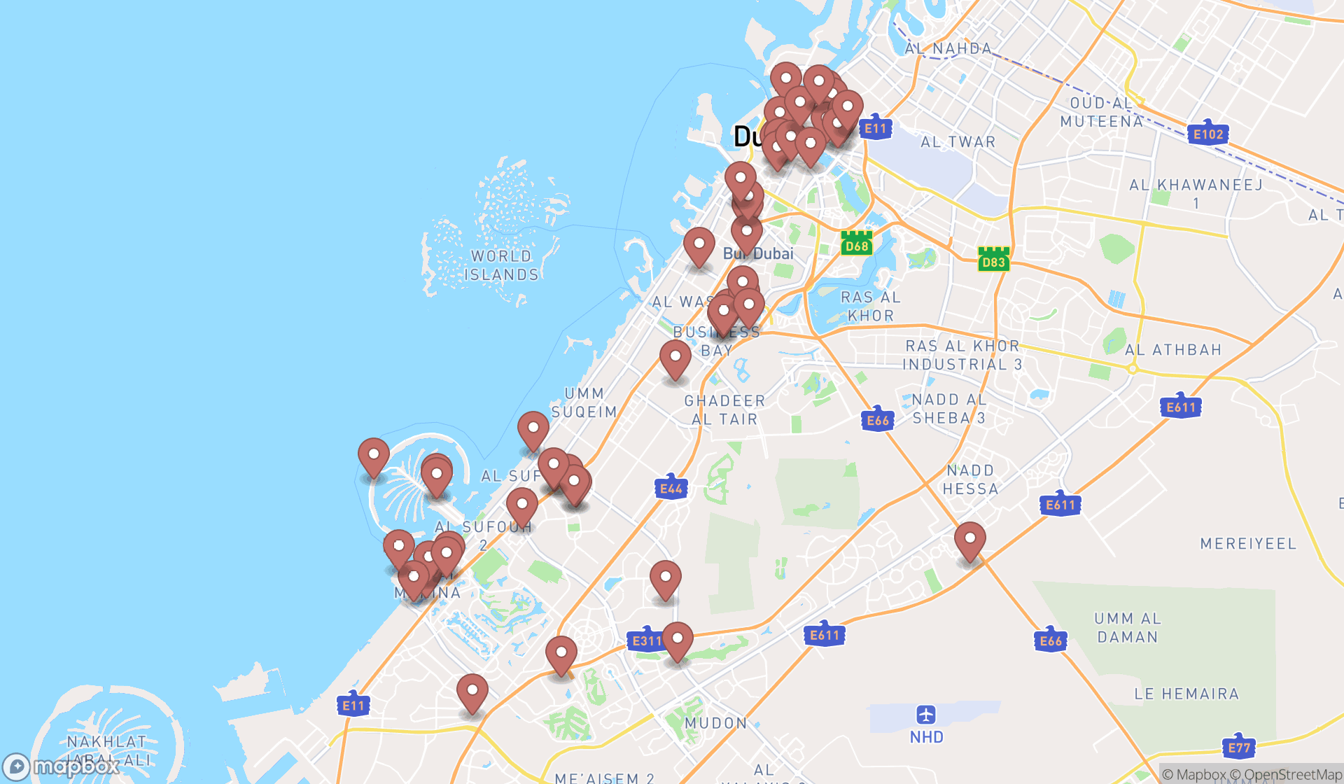 Map showing the search results in Dubai